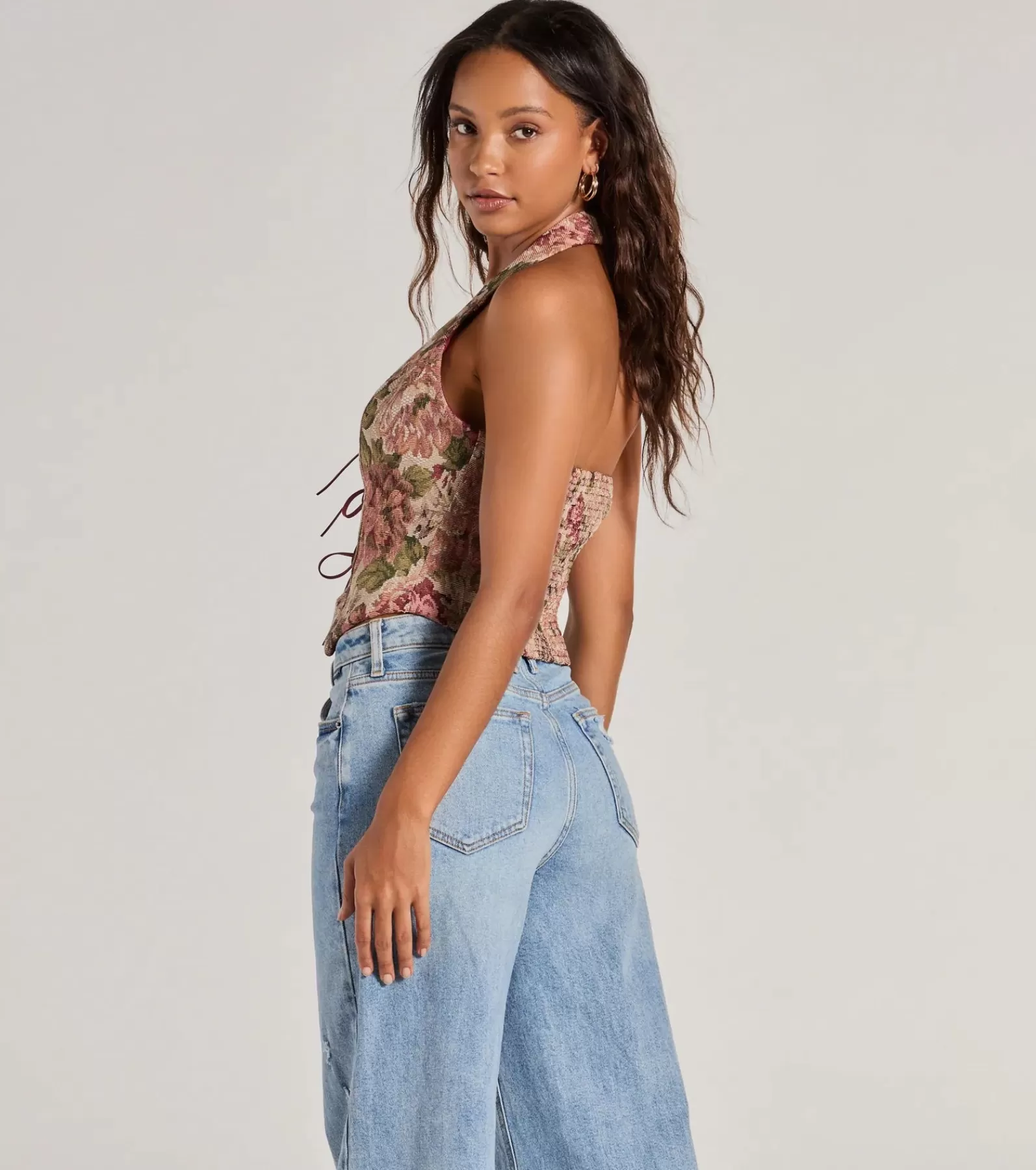 Windsor Crop Tops*Adore You Floral Tapestry Lace Up Vest