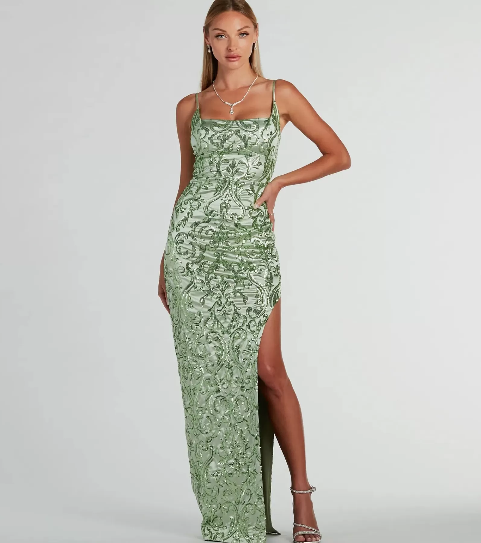 Windsor Sequin Bridesmaid Dresses | Satin Bridesmaid Dresses*Alessia Square Neck Slim Sequin Satin Formal Dress