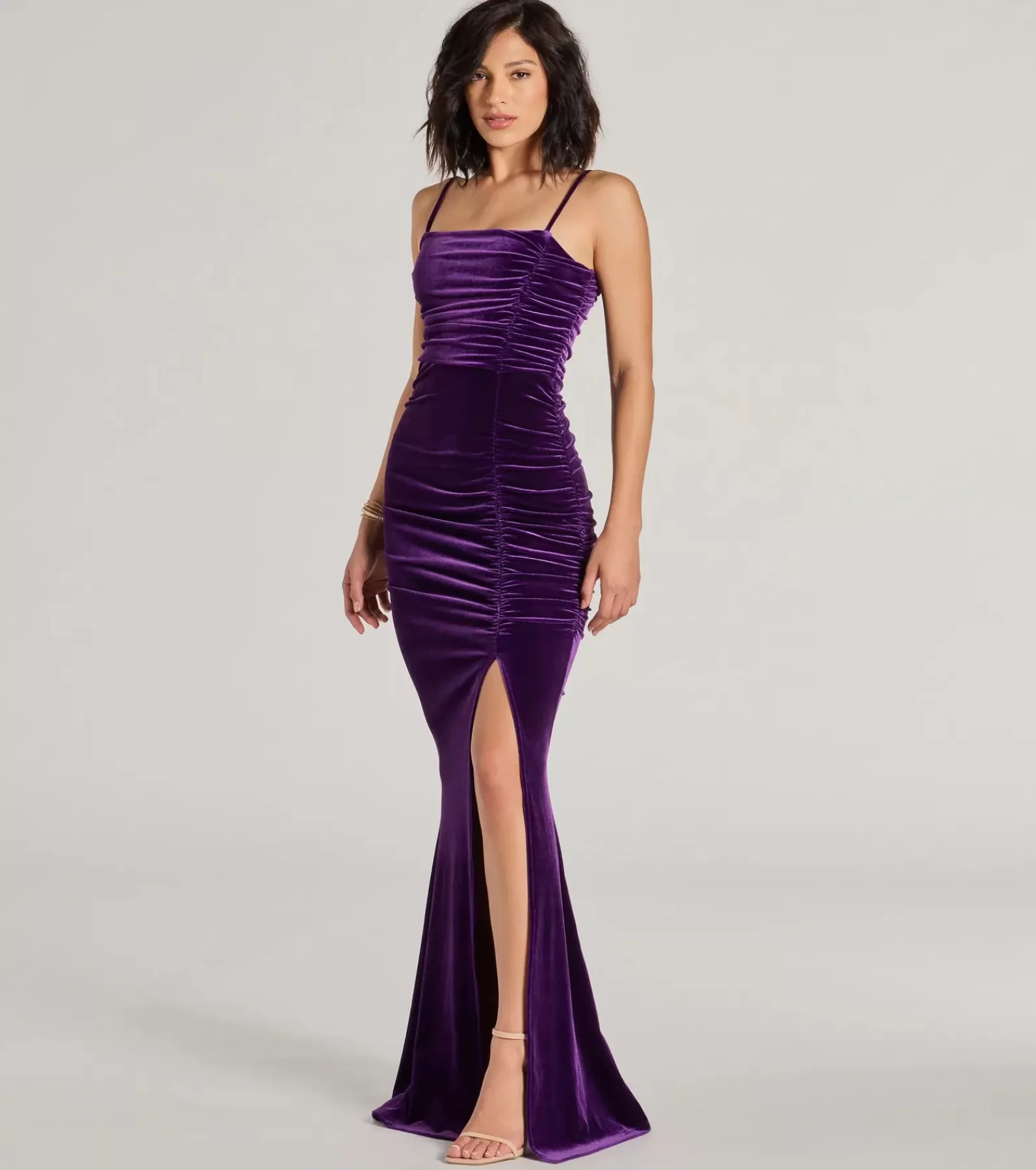 Windsor Wedding Outfits | Purple Bridesmaid Dresses*Alondra Ruched Velvet Front Slit Mermaid Dress