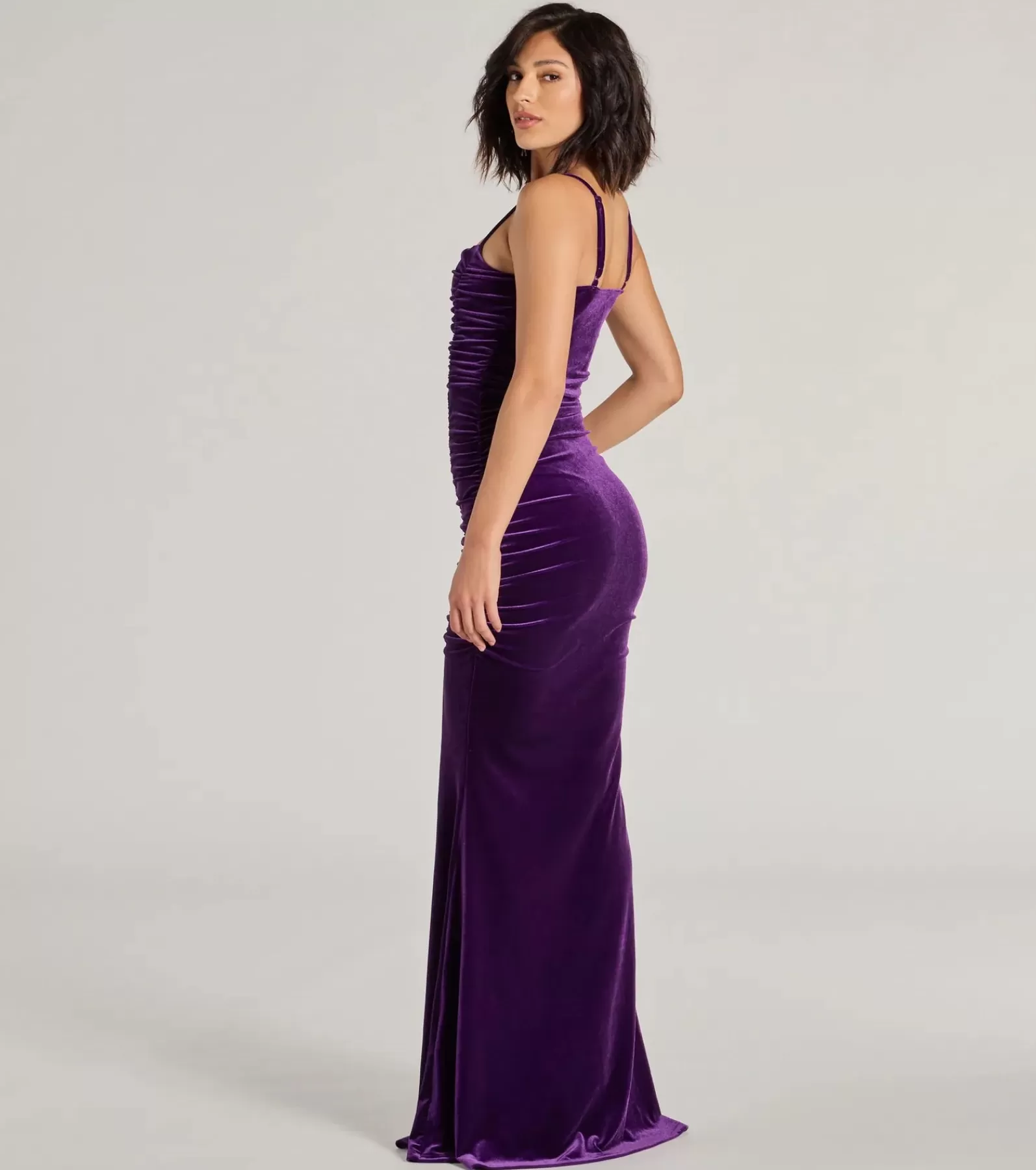 Windsor Wedding Outfits | Purple Bridesmaid Dresses*Alondra Ruched Velvet Front Slit Mermaid Dress