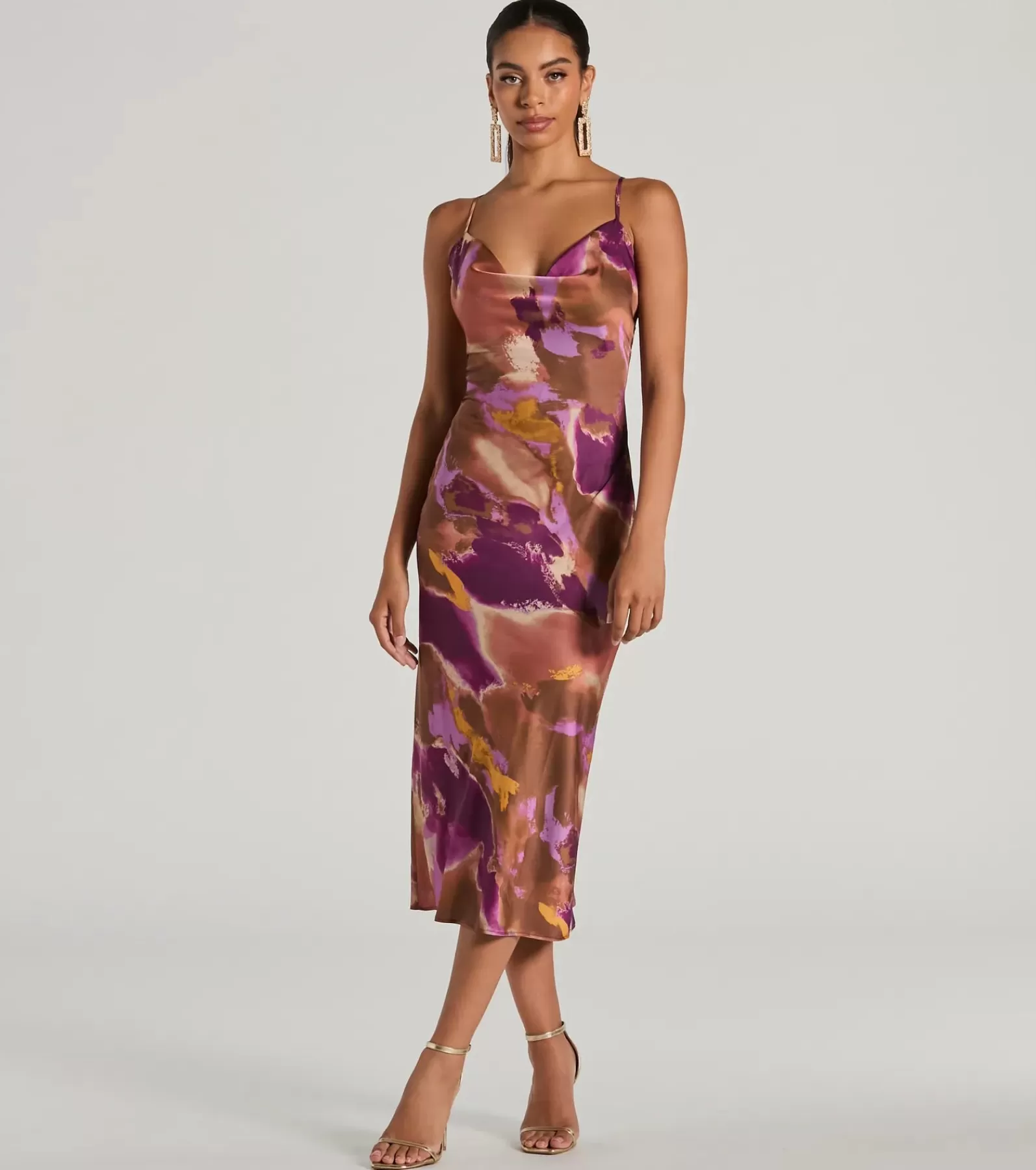 Windsor Country Wedding Guest Dresses | Midi Dresses*Always Impress Cowl Neck Tie-Dye Satin Midi Dress