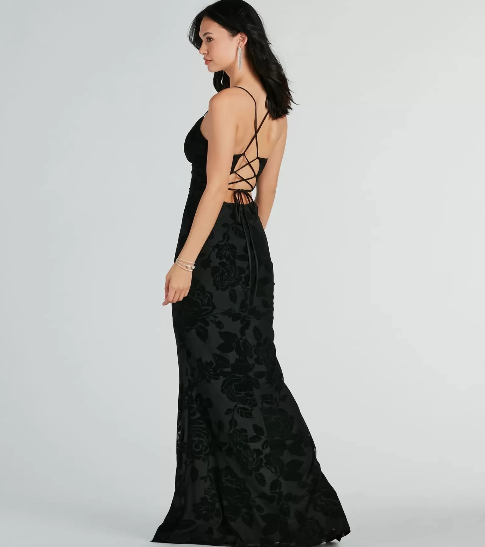 Windsor Black Bridesmaid Dresses | Black Tie Wedding Guest Dresses*Aly Formal Floral Velvet Lace-Up Mermaid Dress