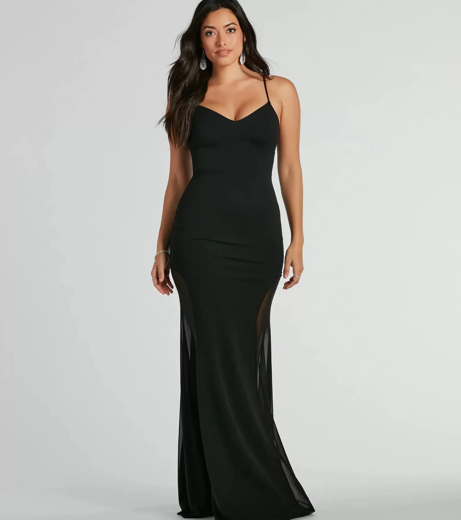 Windsor Black Bridesmaid Dresses | Black Tie Wedding Guest Dresses*Amy V-Neck Mesh Mermaid Crepe Formal Dress