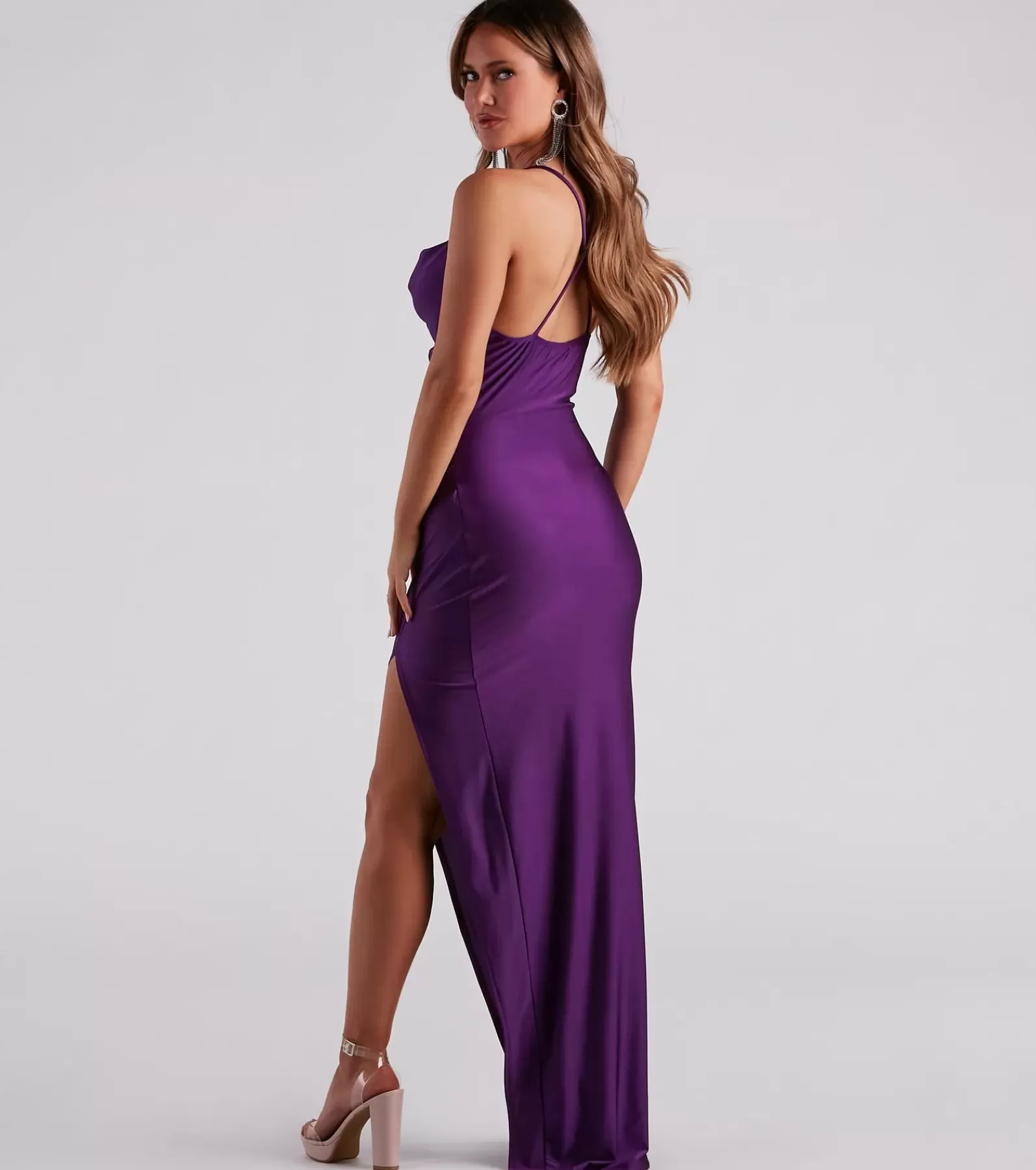 Windsor Purple Bridesmaid Dresses | Maxi Holiday Dresses*Arabella High Slit Cowl Neck Dress
