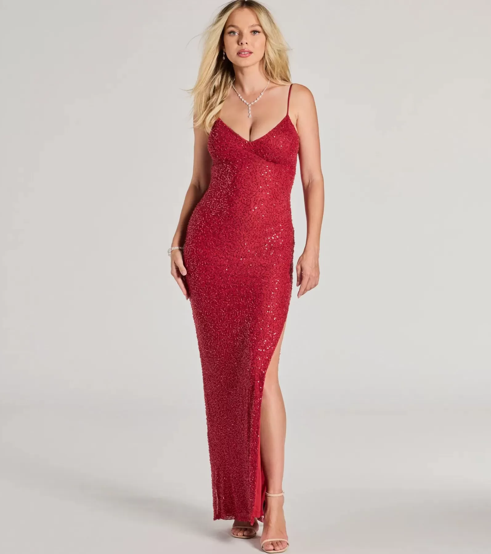 Windsor Maxi Holiday Dresses | Sequin Holiday Dresses*Arielle Sequin Beaded Mesh High Slit Formal Dress