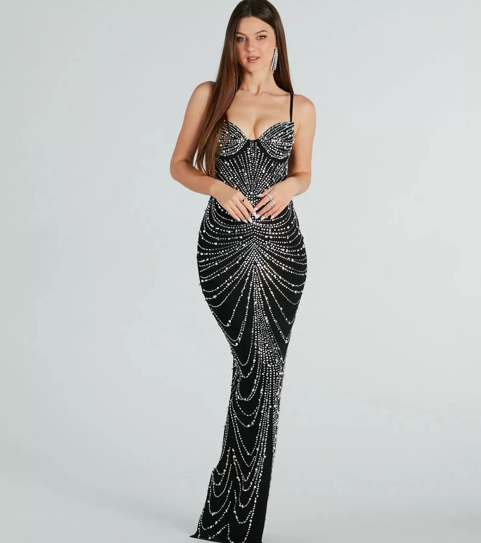 Windsor Black Nye Dresses | Nye Outfits*Aubrie Formal Rhinestone And Pearl Mesh Long Dress
