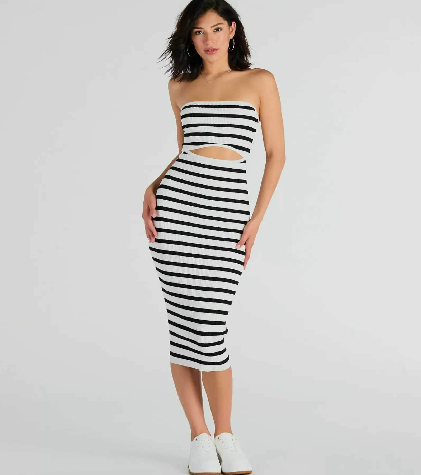 Windsor Sundresses*Babe In Stripes Strapless Cutout Ribbed Knit Midi Dress