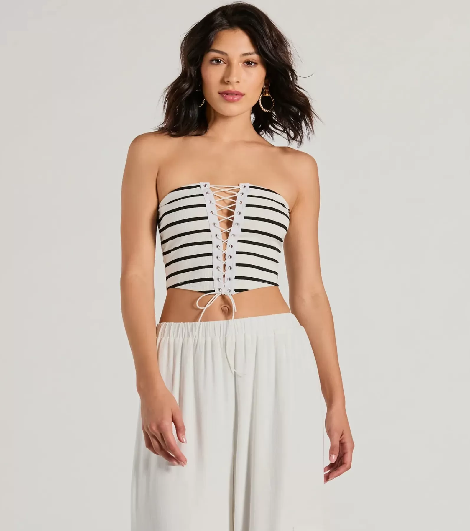 Windsor Honeymoon*Bold Babe Strapless Lace-Up Striped Crop Top