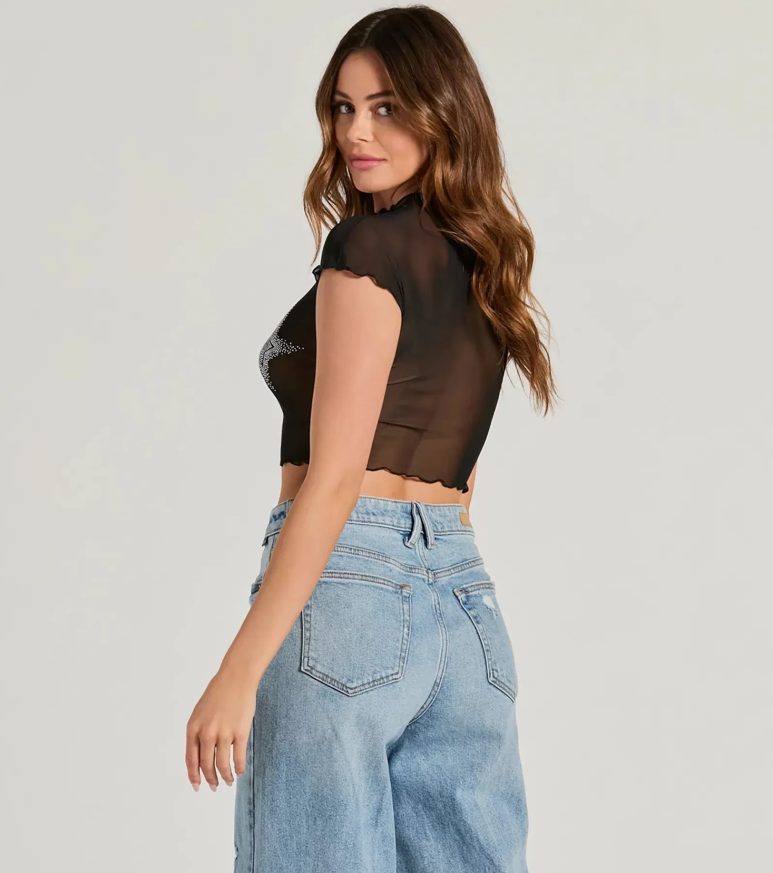 Windsor Going-Out Tops | Graphic Tees*Born Star Rhinestone Sheer Mesh Crop Top
