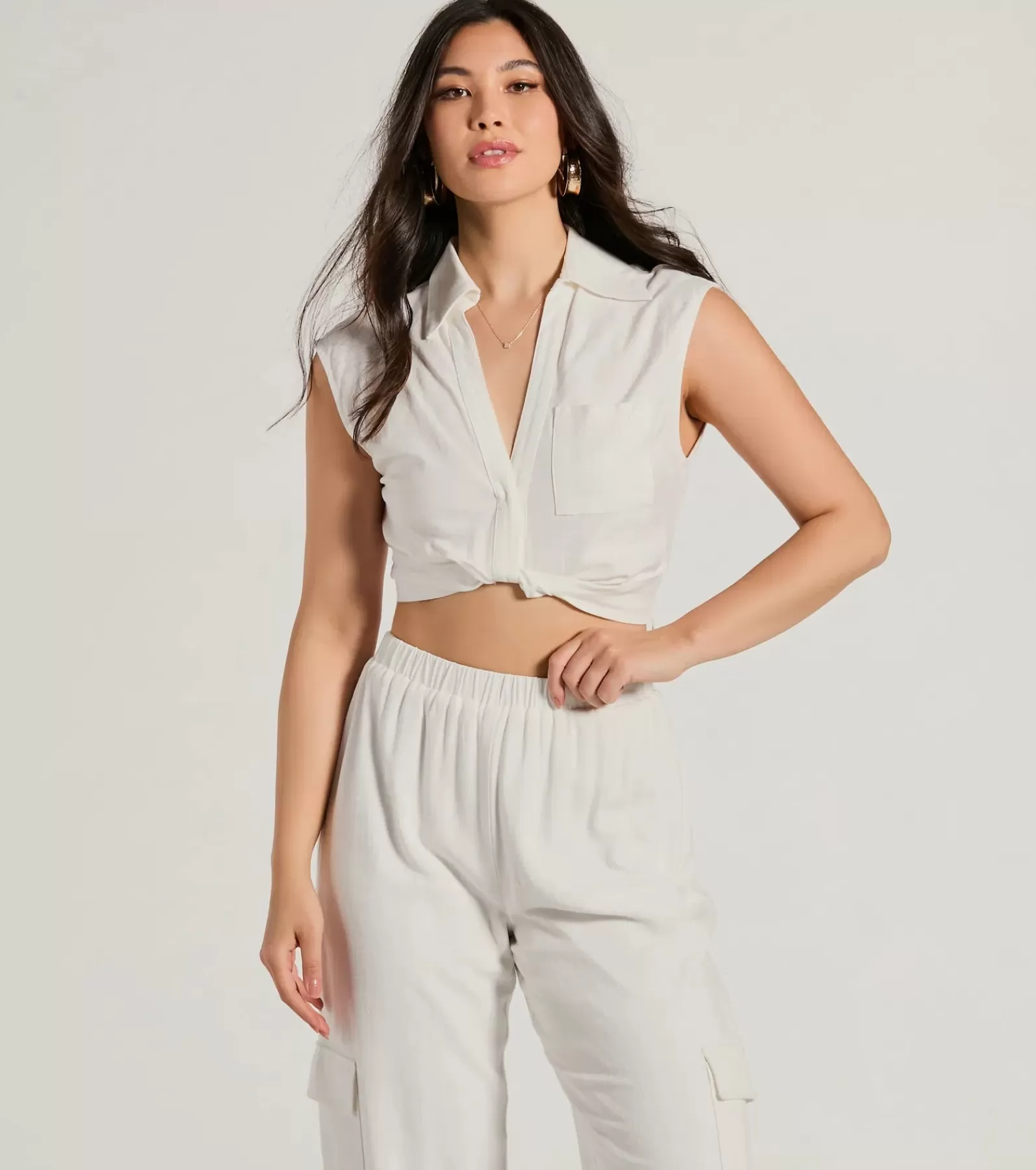 Windsor Honeymoon*Breezy Mood Collared Linen Crop Top