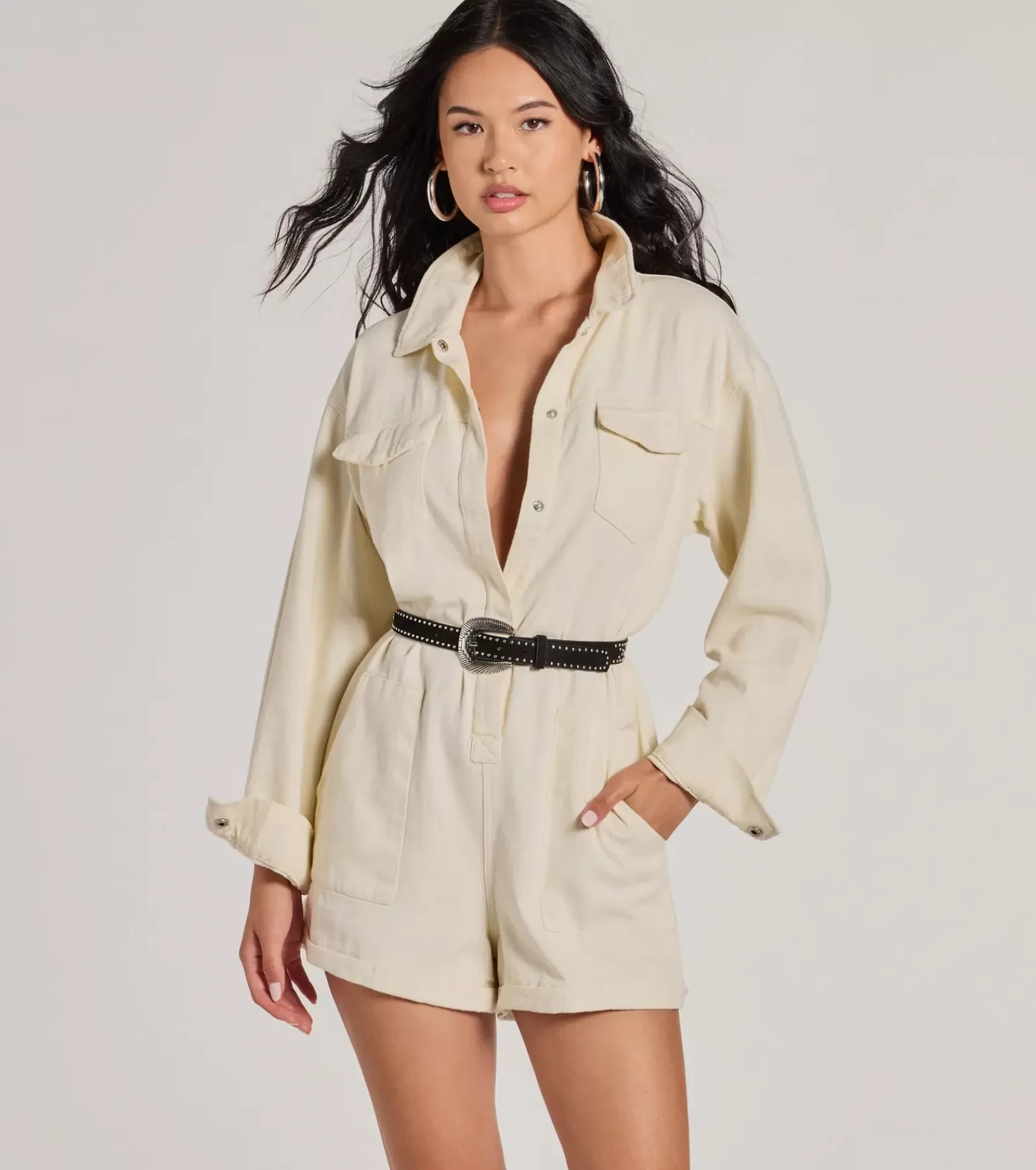 Windsor All Jumpsuits & Rompers | Jean Shorts*Casually Cool Long Sleeve Denim Romper