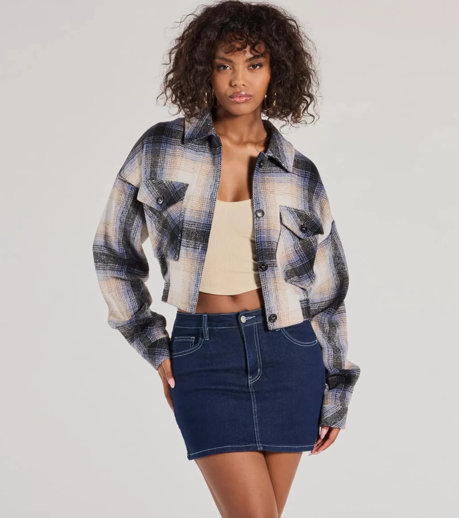 Windsor Shackets*Casually Cozy Plaid Woven Cropped Shacket