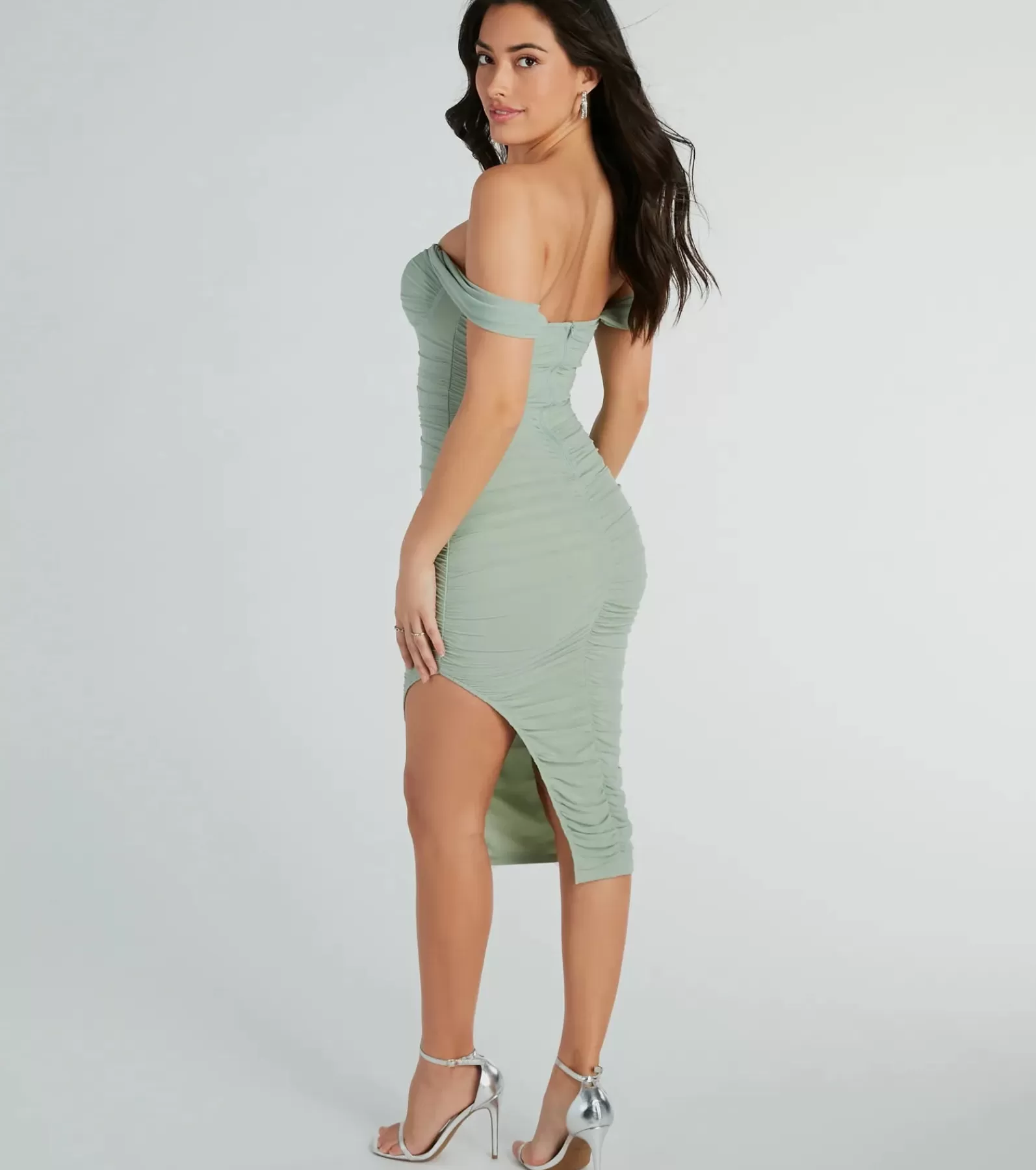 Windsor Rehearsal | Bridal Shower*Chic Invite Off-The-Shoulder Mesh Midi Dress