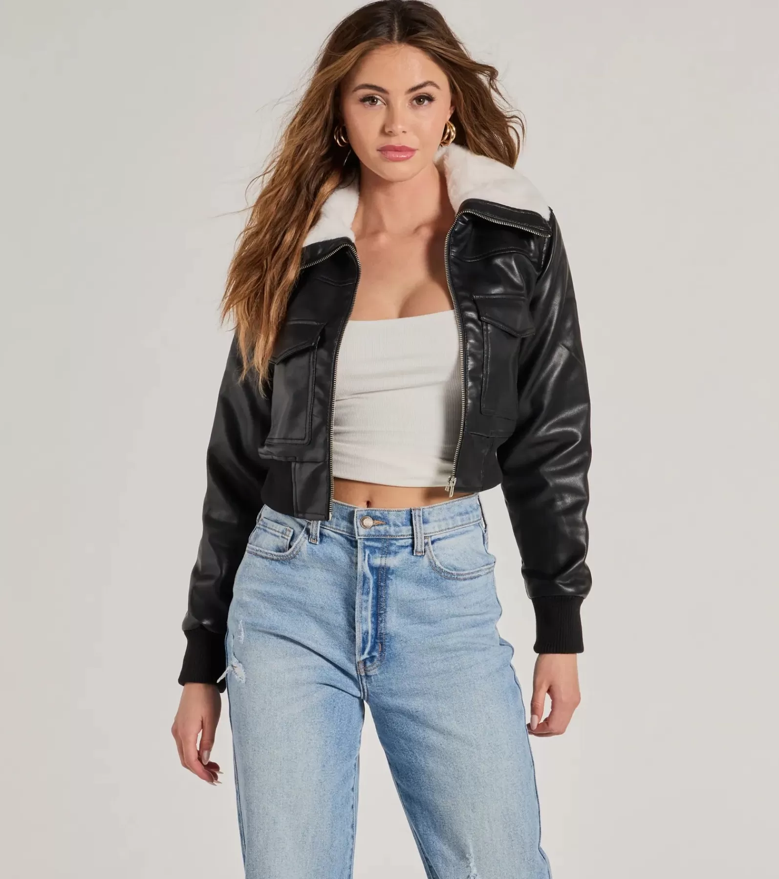 Windsor Coats | Moto & Faux Leather*Chic Sherpa Collared Faux Leather Bomber Jacket