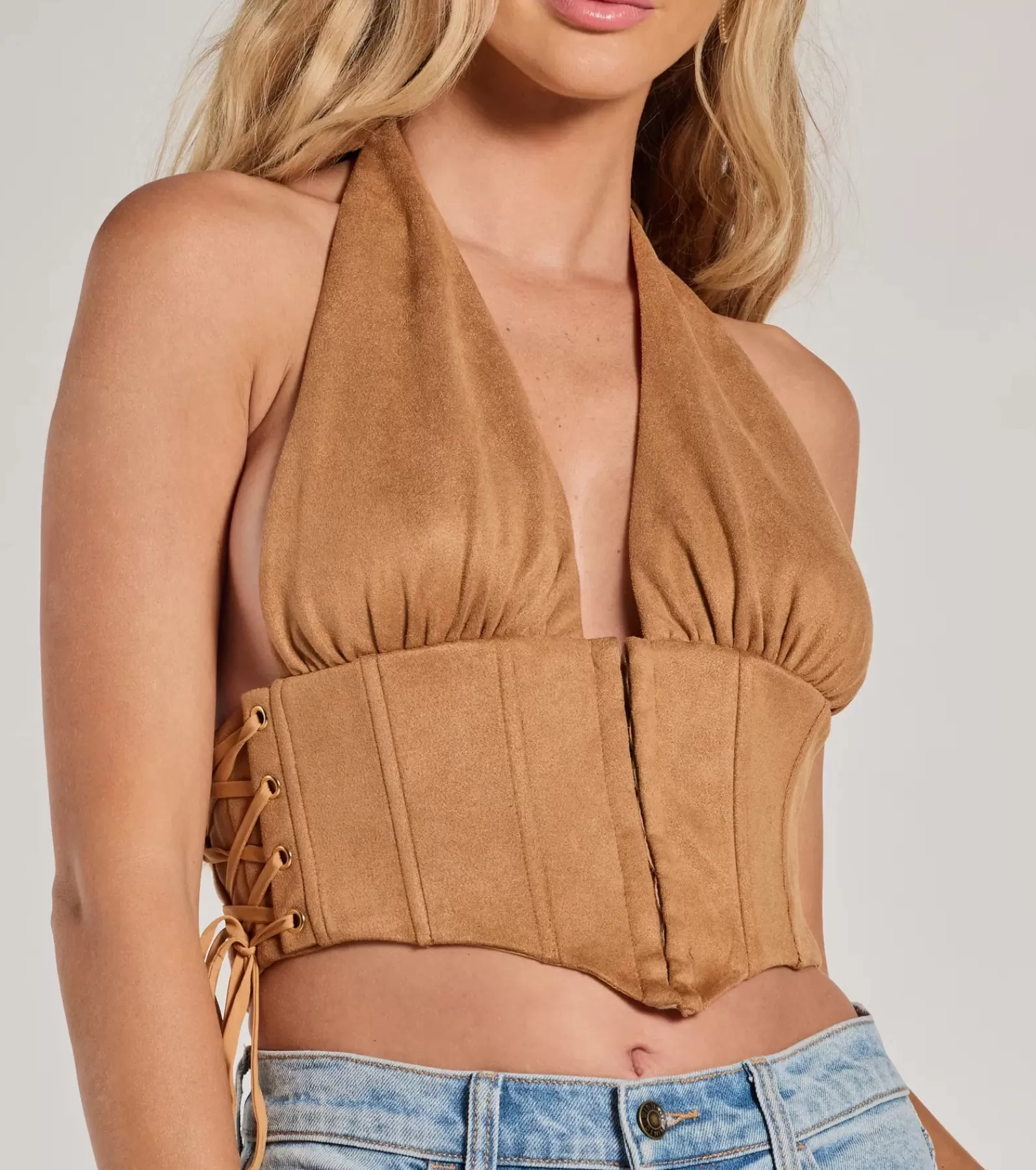 Windsor Corset & Bustier Tops | Crop Tops*Chic Vibes Faux Suede Halter Cropped Corset Top