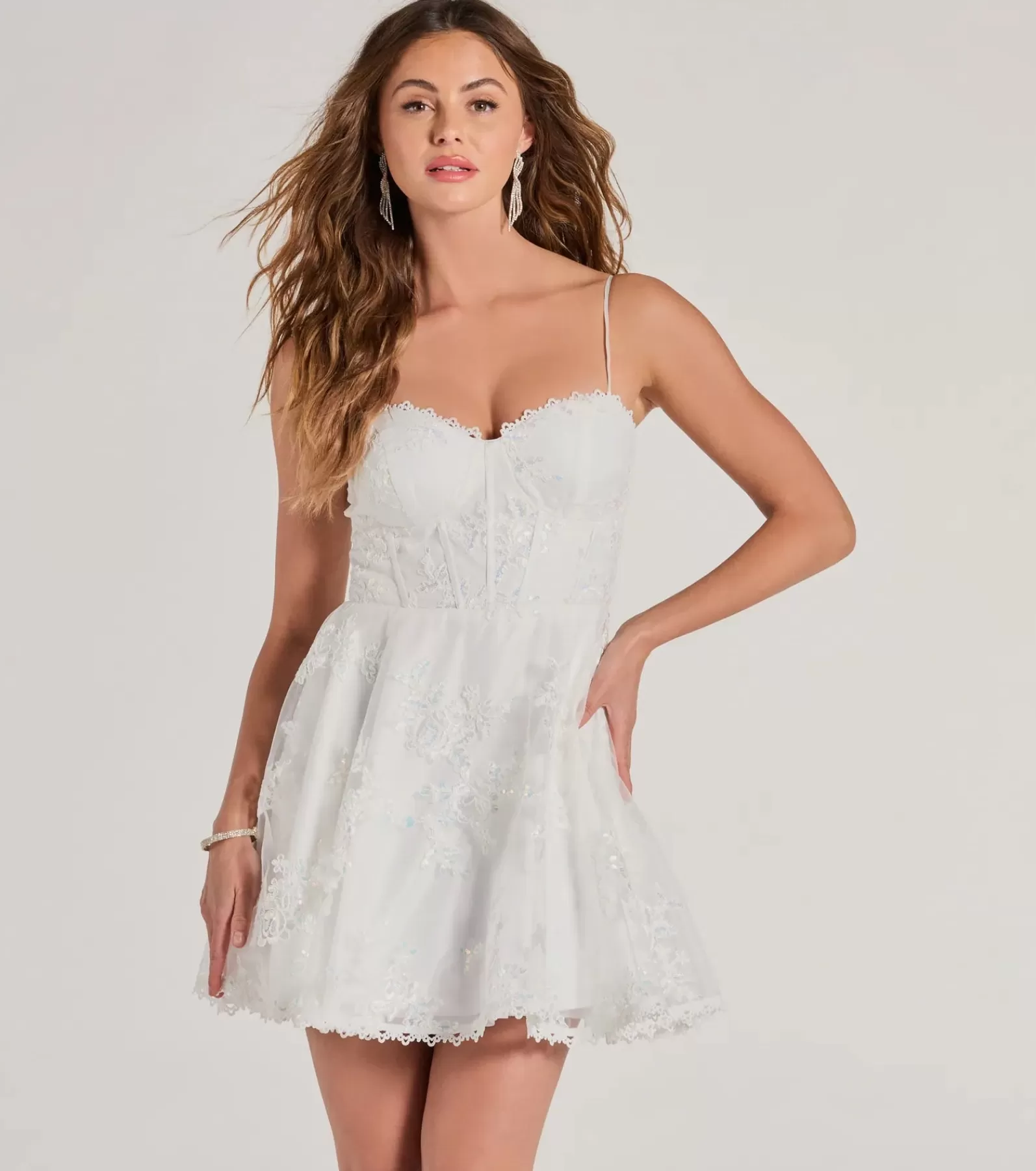 Windsor Bridal Reception Dresses | Bridal Shower*Chloe Sequin Embroidered Mesh Skater Dress