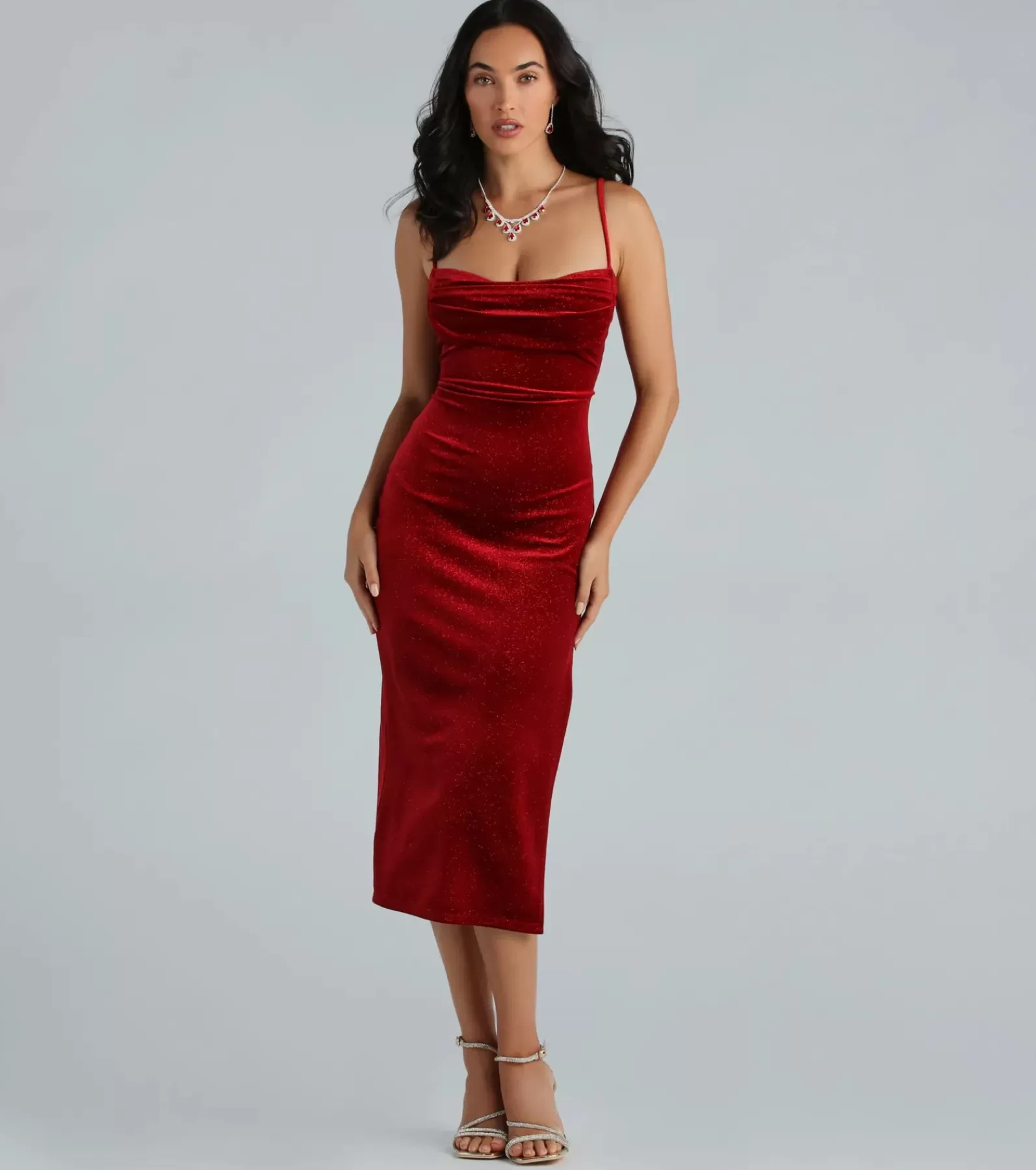 Windsor Velvet Holiday Dresses | Red Holiday Dresses*Christina Glitter Velvet Formal Midi Dress