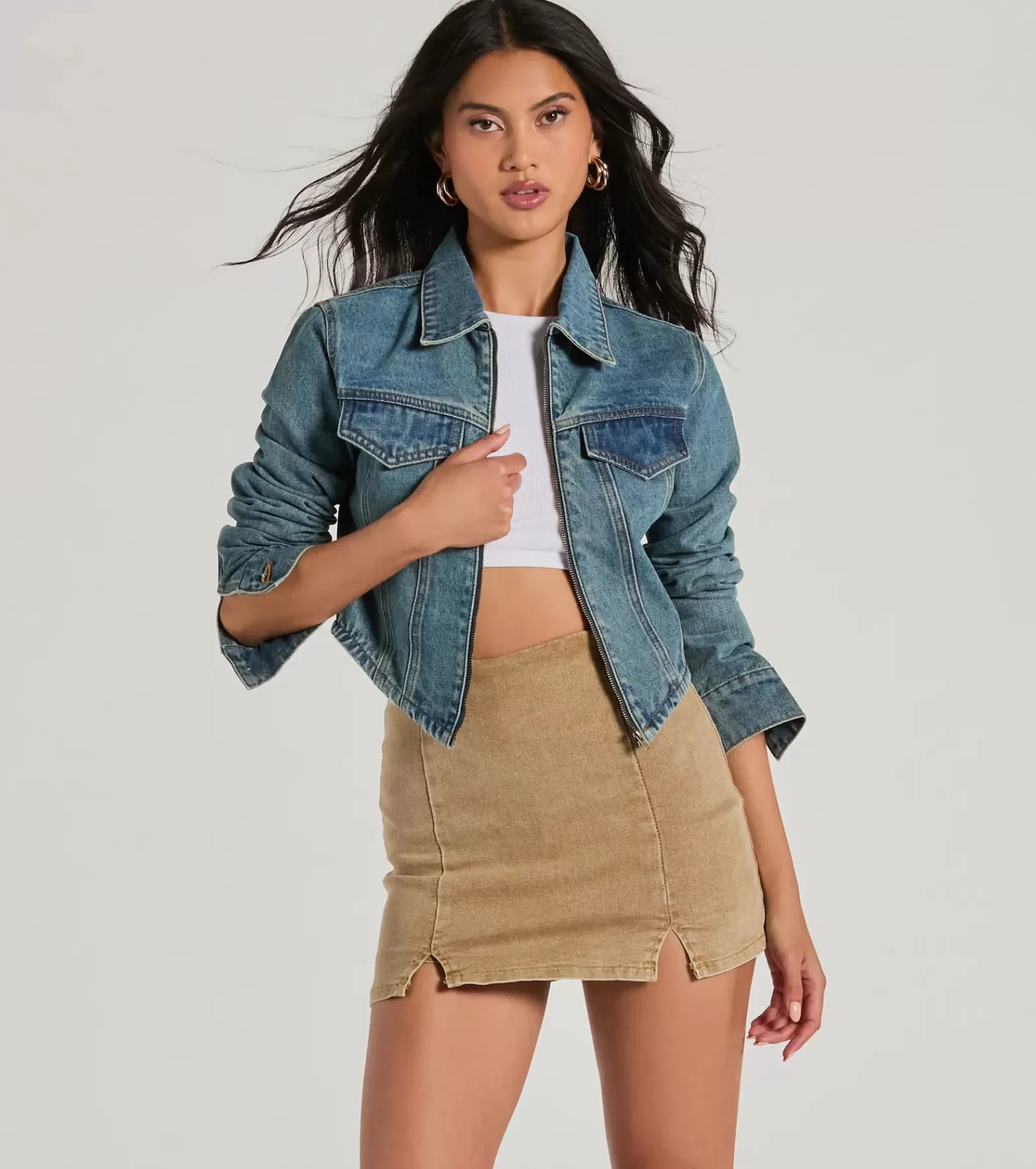 Windsor Jean Jackets | Crop Tops*Cool Trendsetter Zip Up Collared Crop Jacket