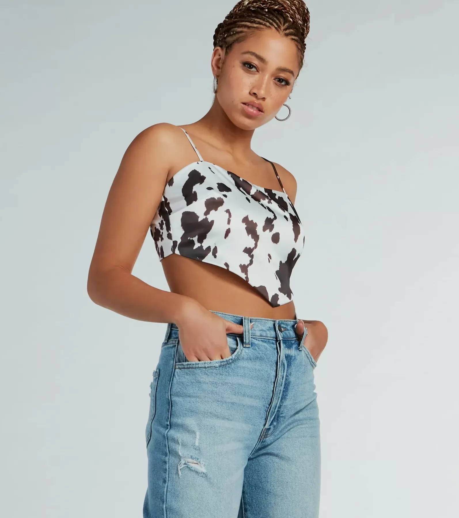 Windsor Going-Out Tops*Country Chick Cow Print Satin Crop Top