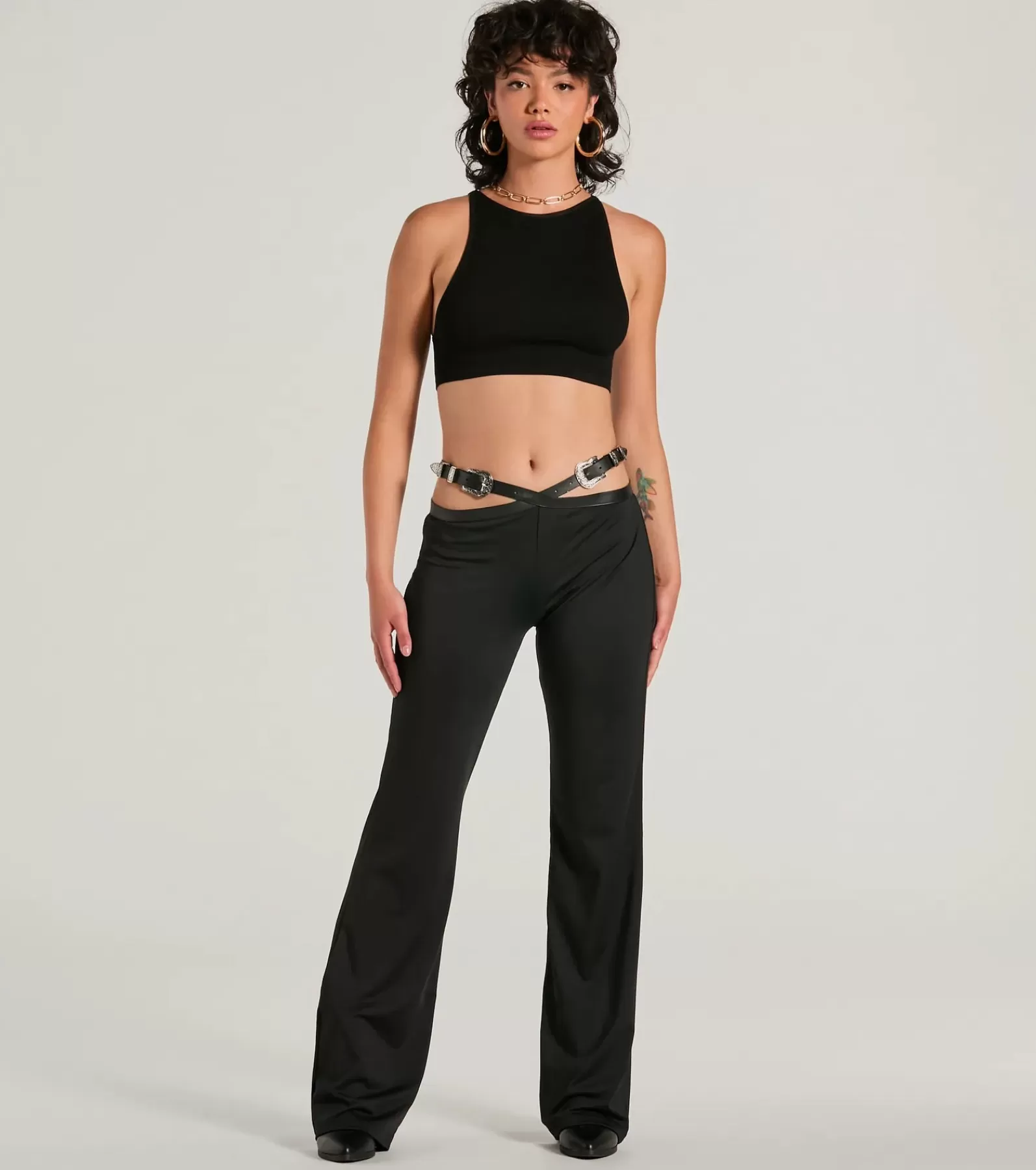 Windsor Black Pants | Flare Pants*Country Edge Buckle High-Rise Waist Flare Pants