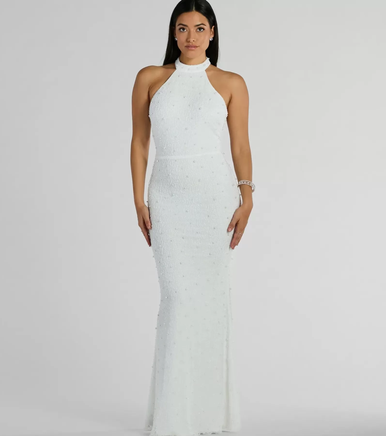 Windsor Bridal Reception Dresses | Rehearsal*Courtney Halter Faux Pearl Bead Slim Formal Dress