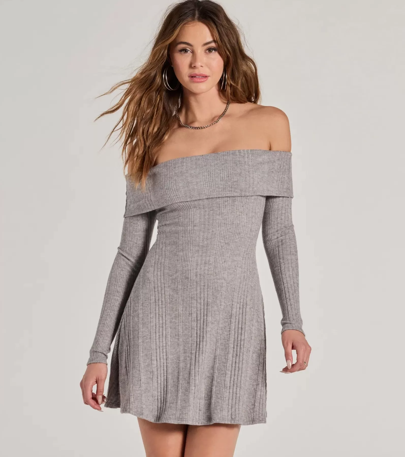Windsor Casual Dresses*Cozy Knit Off-The-Shoulder A-Line Mini Dress