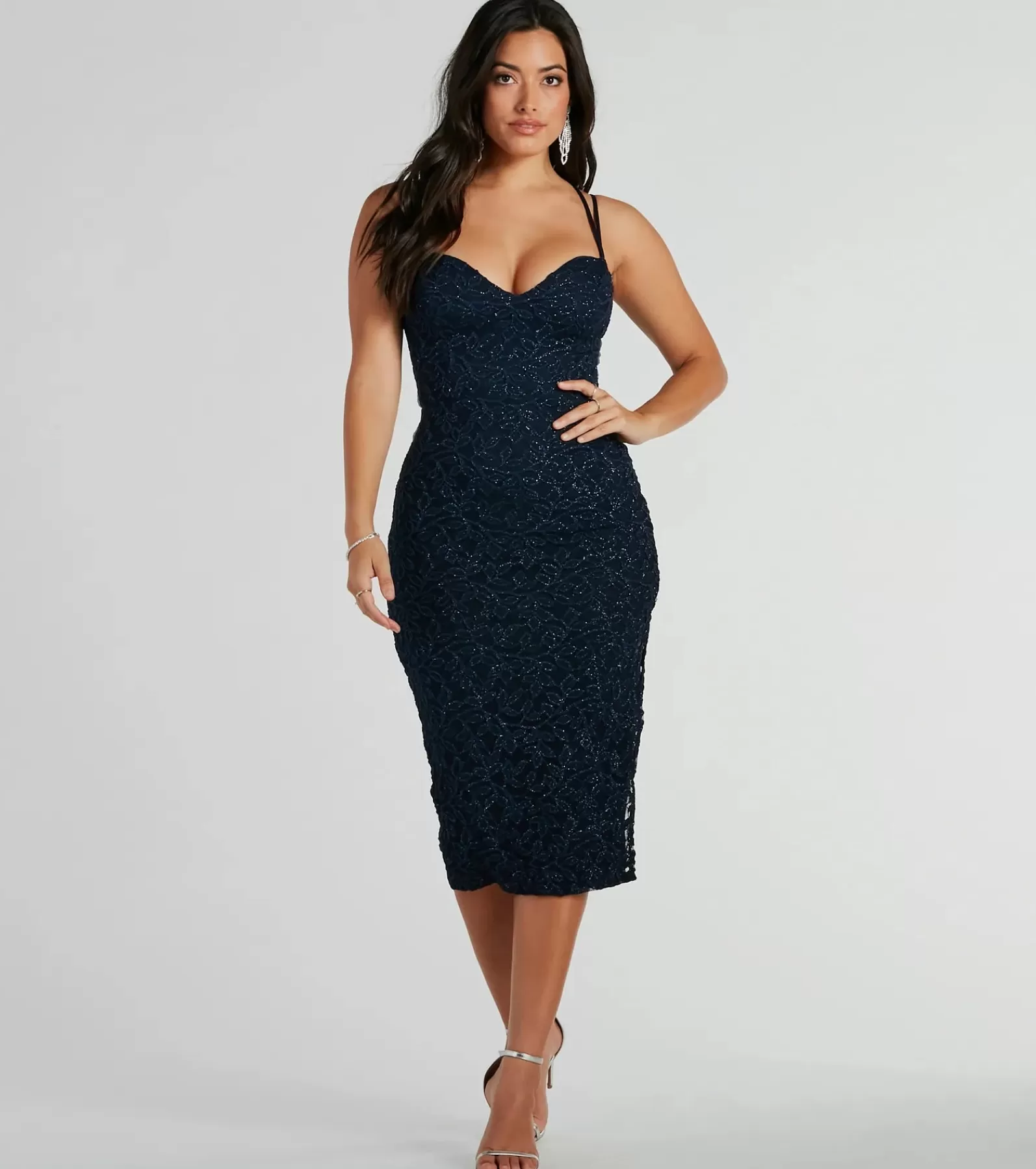 Windsor Midi Dresses*Darcy Lace-Up Glitter Lace Midi Formal Dress
