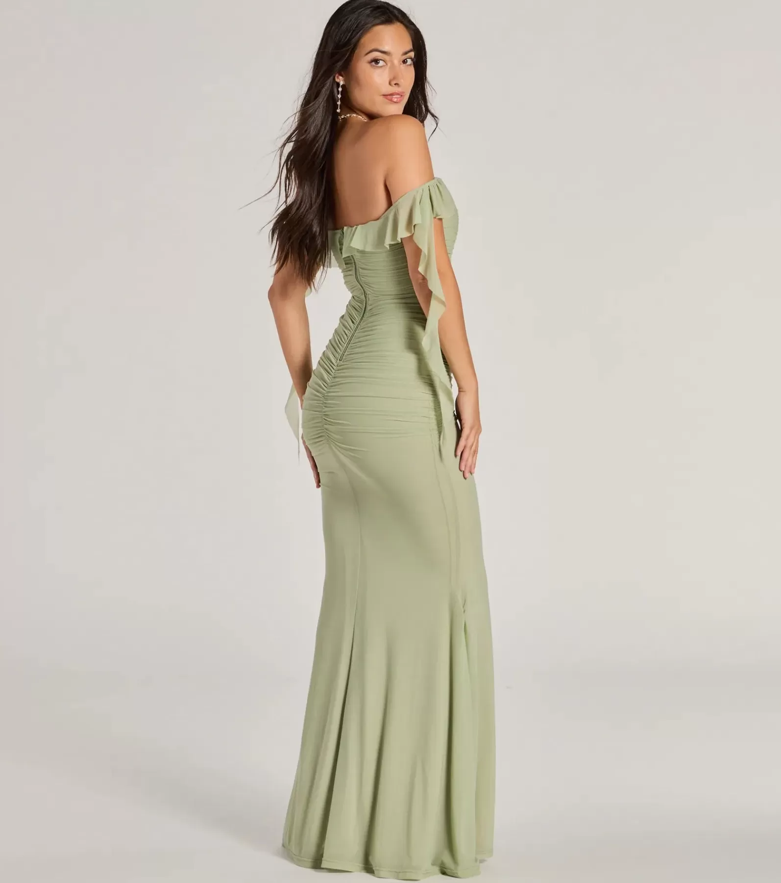 Windsor Green Bridesmaid Dresses*Deyna Formal Mesh Off-The-Shoulder Long Dress