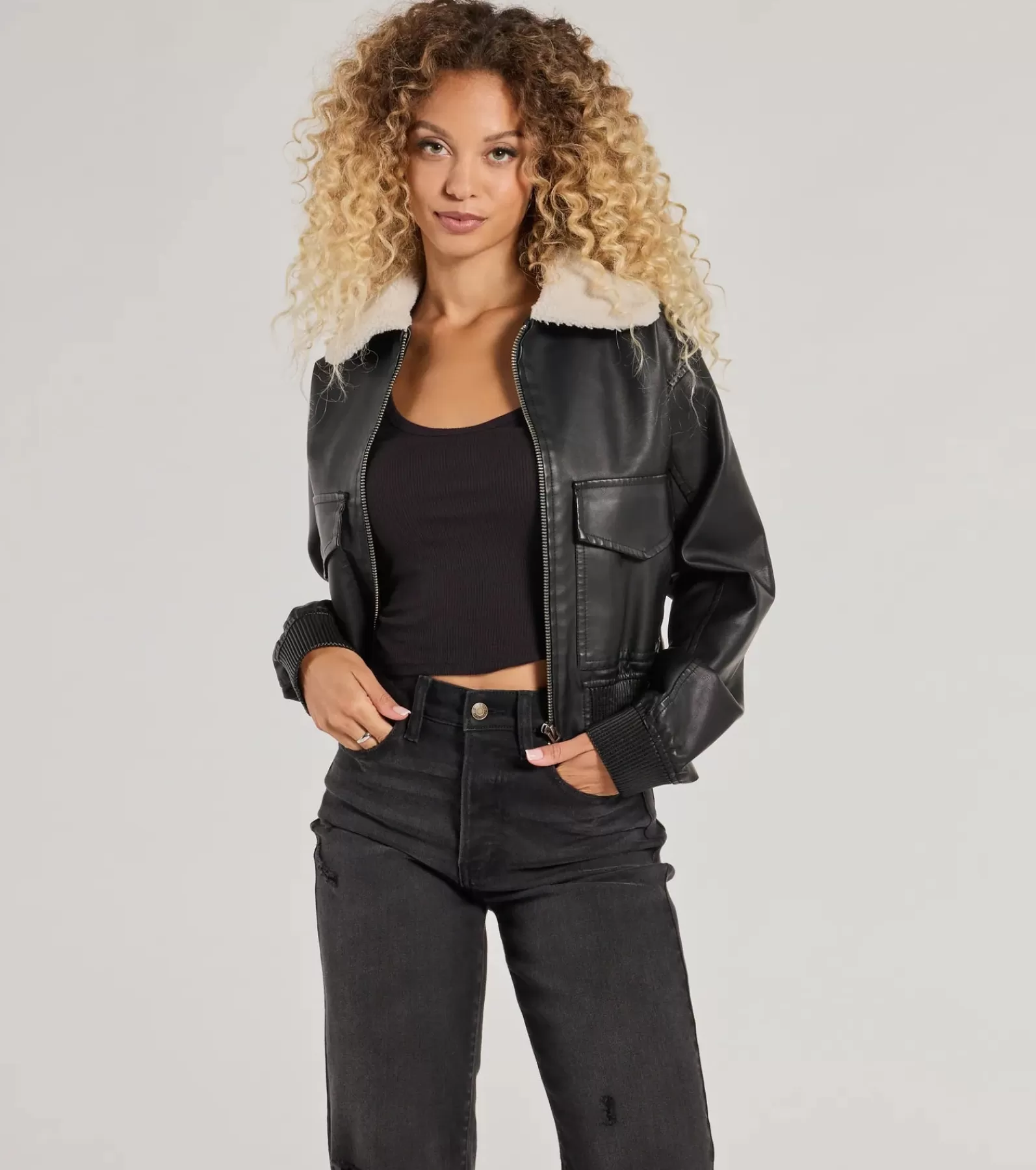 Windsor Moto & Faux Leather*Edgy Chic Flair Faux Leather And Sherpa Bomber Jacket