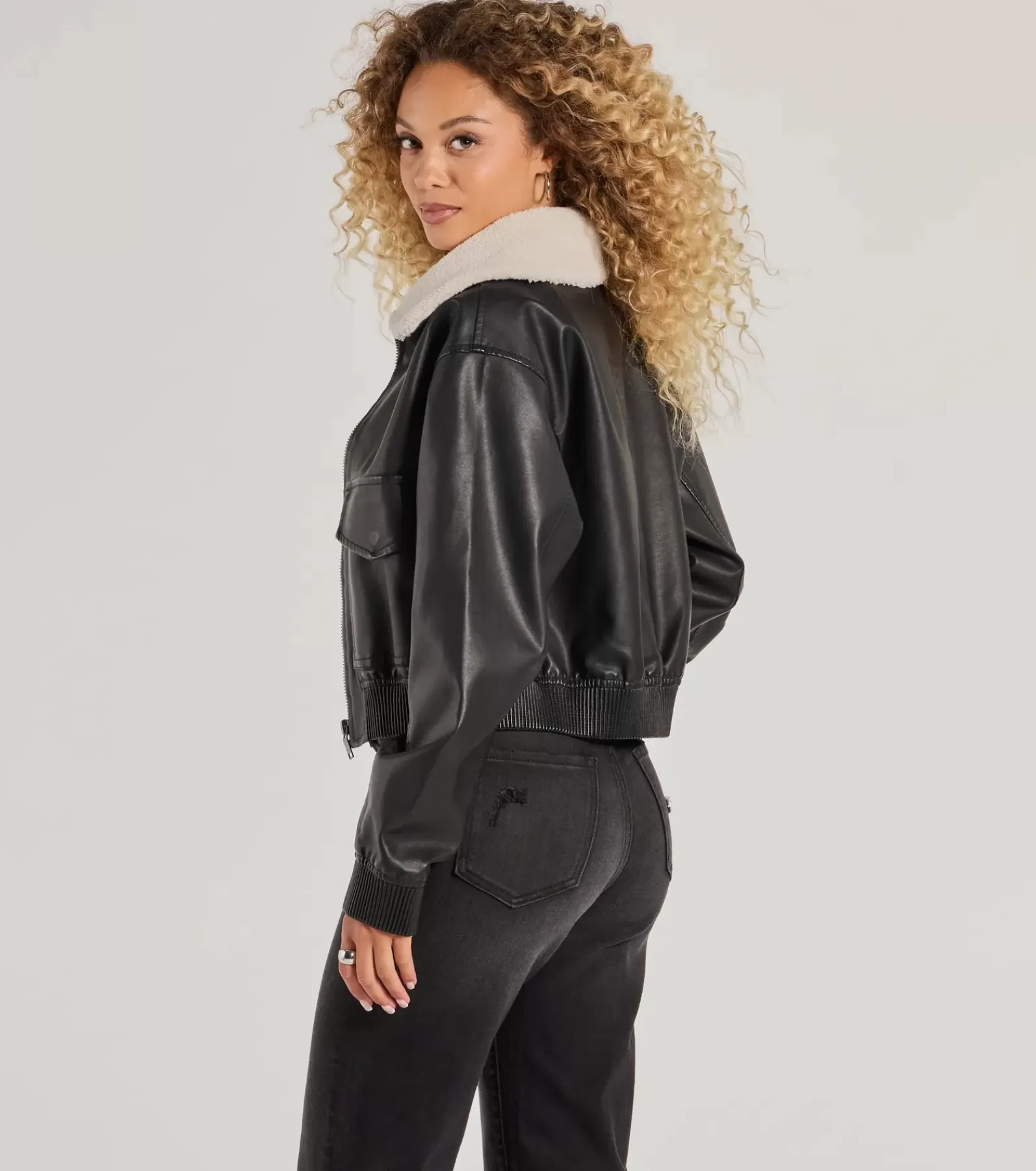 Windsor Moto & Faux Leather*Edgy Chic Flair Faux Leather And Sherpa Bomber Jacket