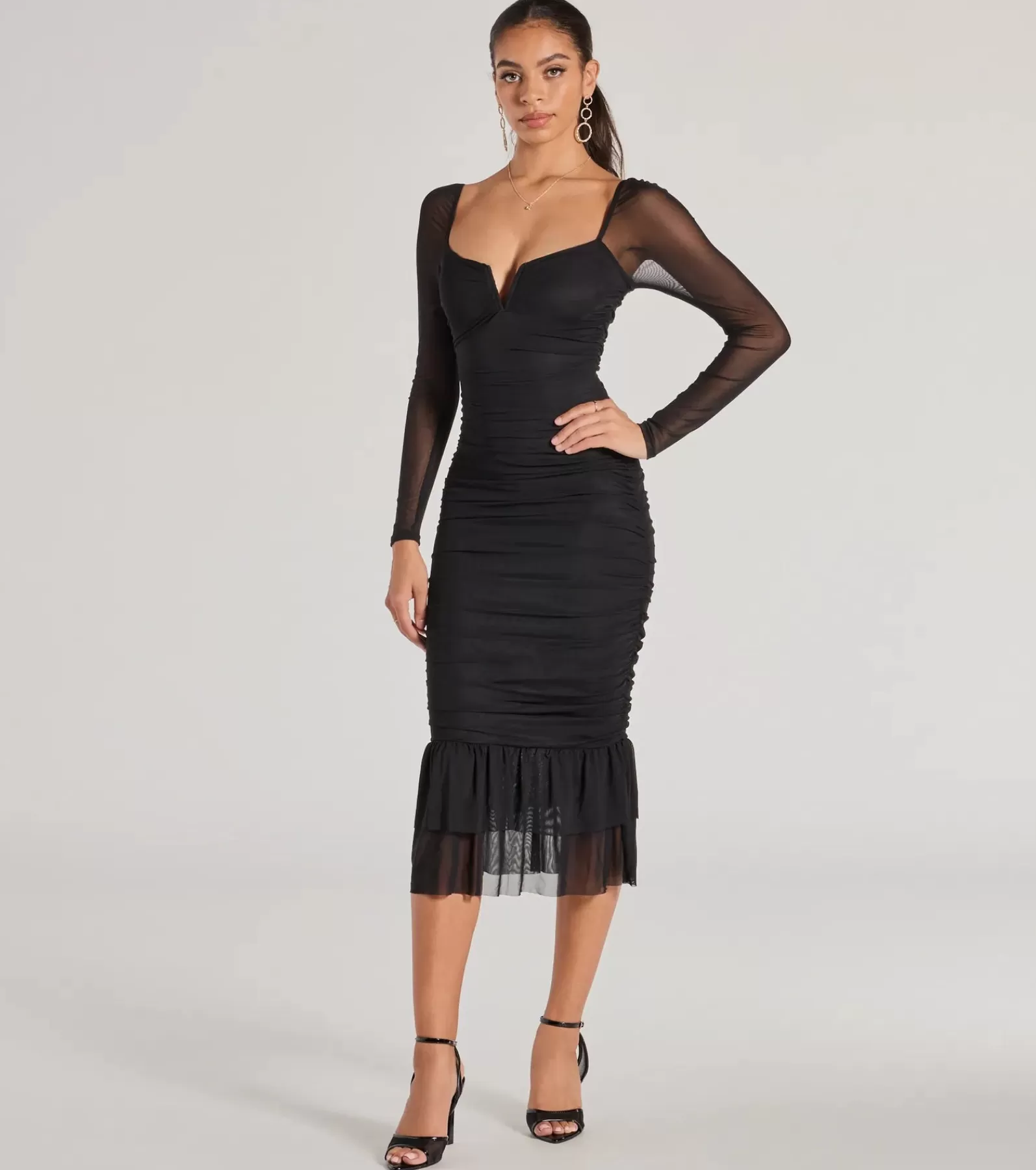 Windsor Wedding Outfits | Black Bridesmaid Dresses*Elegant Ruched And Ruffled Mesh Midi Dress