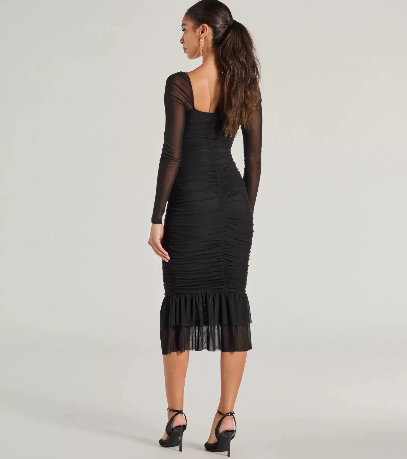 Windsor Wedding Outfits | Black Bridesmaid Dresses*Elegant Ruched And Ruffled Mesh Midi Dress