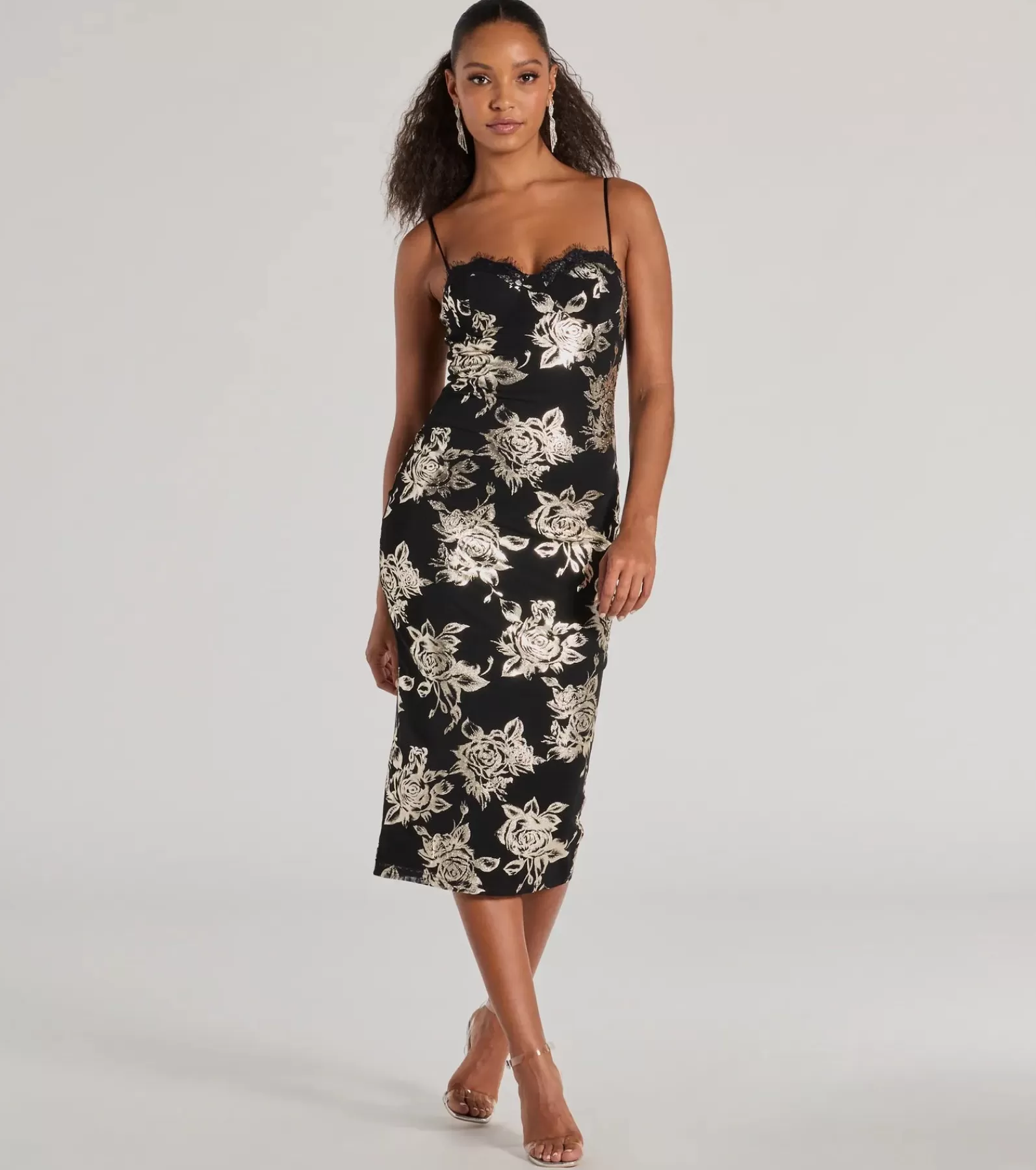Windsor Black Nye Dresses | Nye Outfits*Elevated Vibe Foiled Floral Mesh Midi Dress