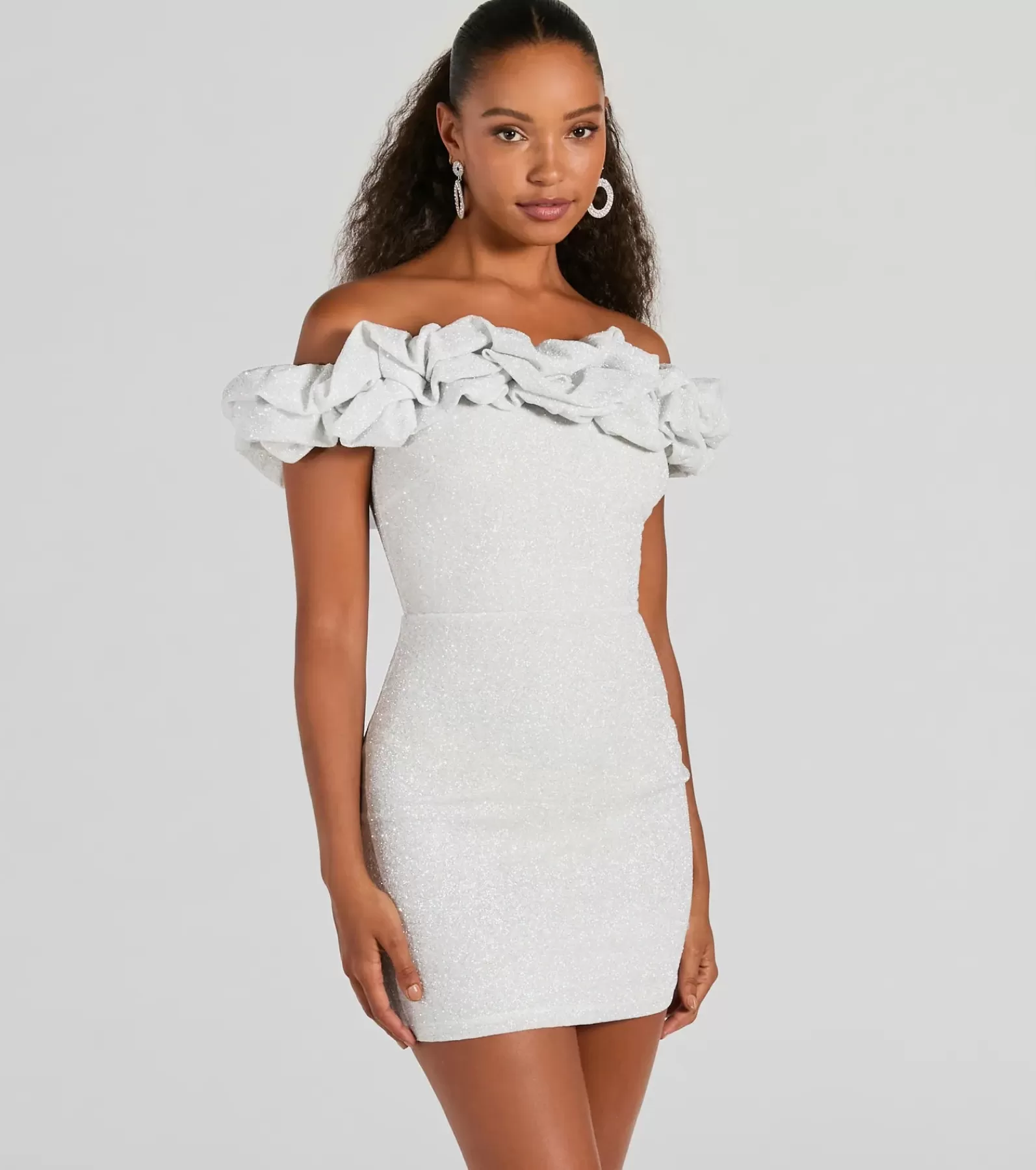 Windsor Bridal Reception Dresses | Rehearsal*Ember Off-The-Shoulder Ruffle Glitter Party Dress