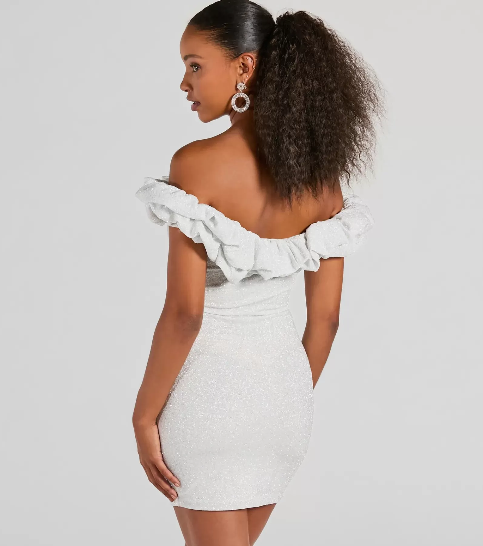 Windsor Bridal Reception Dresses | Rehearsal*Ember Off-The-Shoulder Ruffle Glitter Party Dress