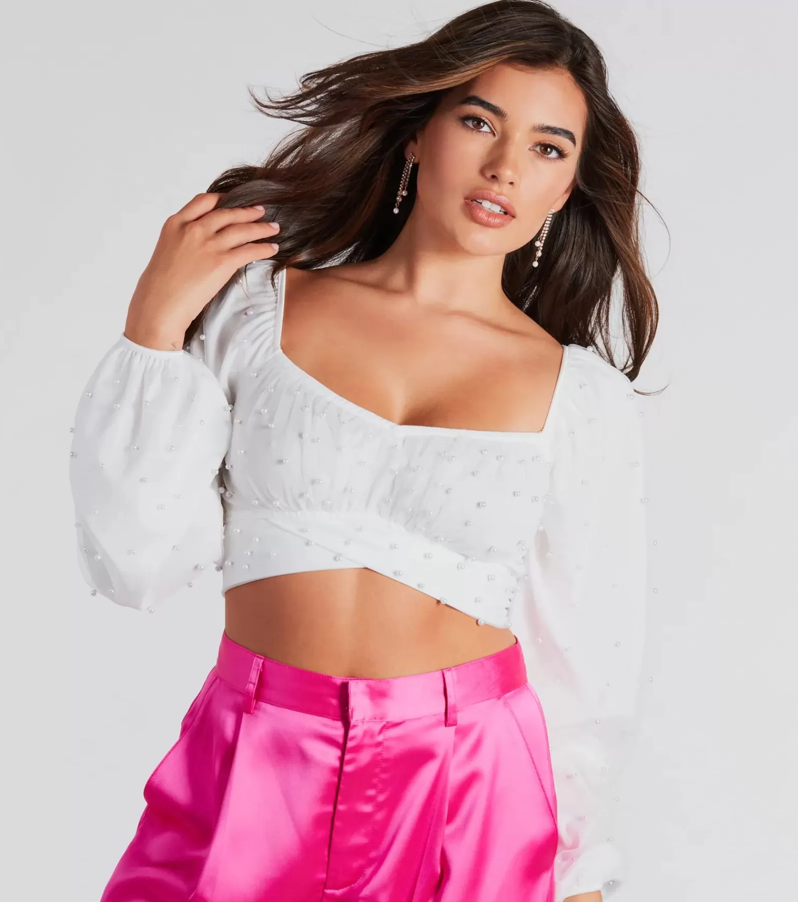 Windsor Nye Outfits | Off The Shoulder Tops*Ethereal Dream Faux Pearl Crop Top