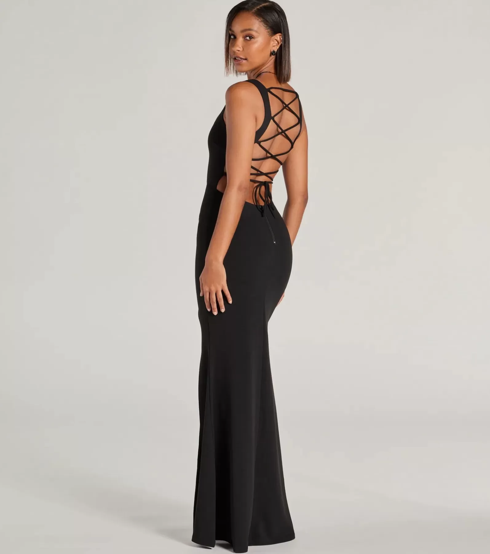 Windsor Black Bridesmaid Dresses | Black Tie Wedding Guest Dresses*Everley Lace-Up Slit Mermaid Crepe Formal Dress