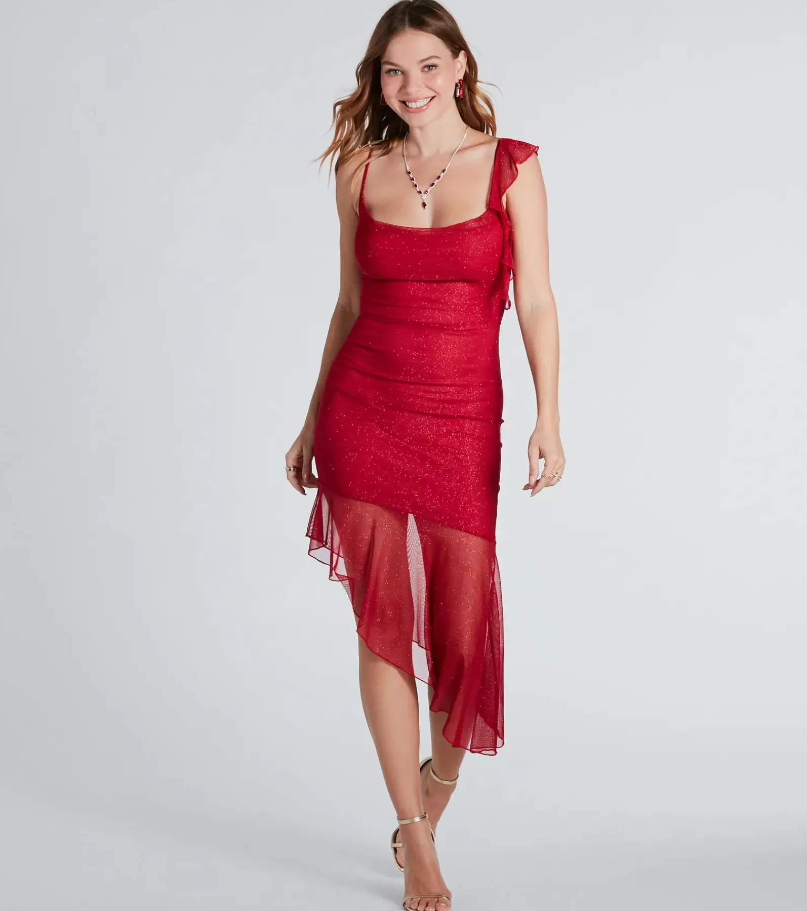 Windsor Nye Dresses | Midi Holiday Dresses*Feelin' Glam Glitter Mesh Ruffled Midi Dress