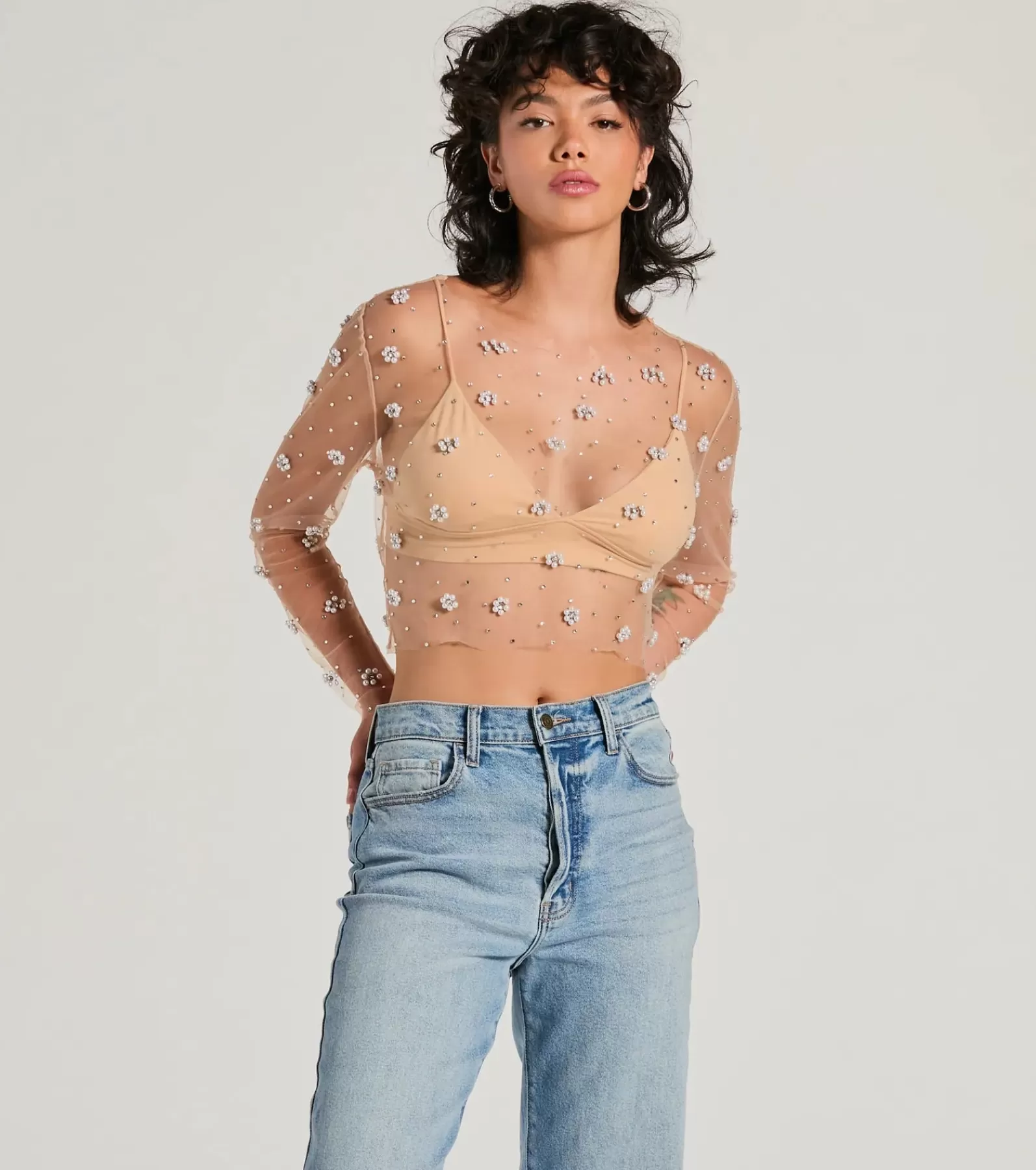Windsor Going-Out Tops | Long Sleeve Tops*Flirty Floral Rhinestone Pearl Sheer Mesh Crop Top