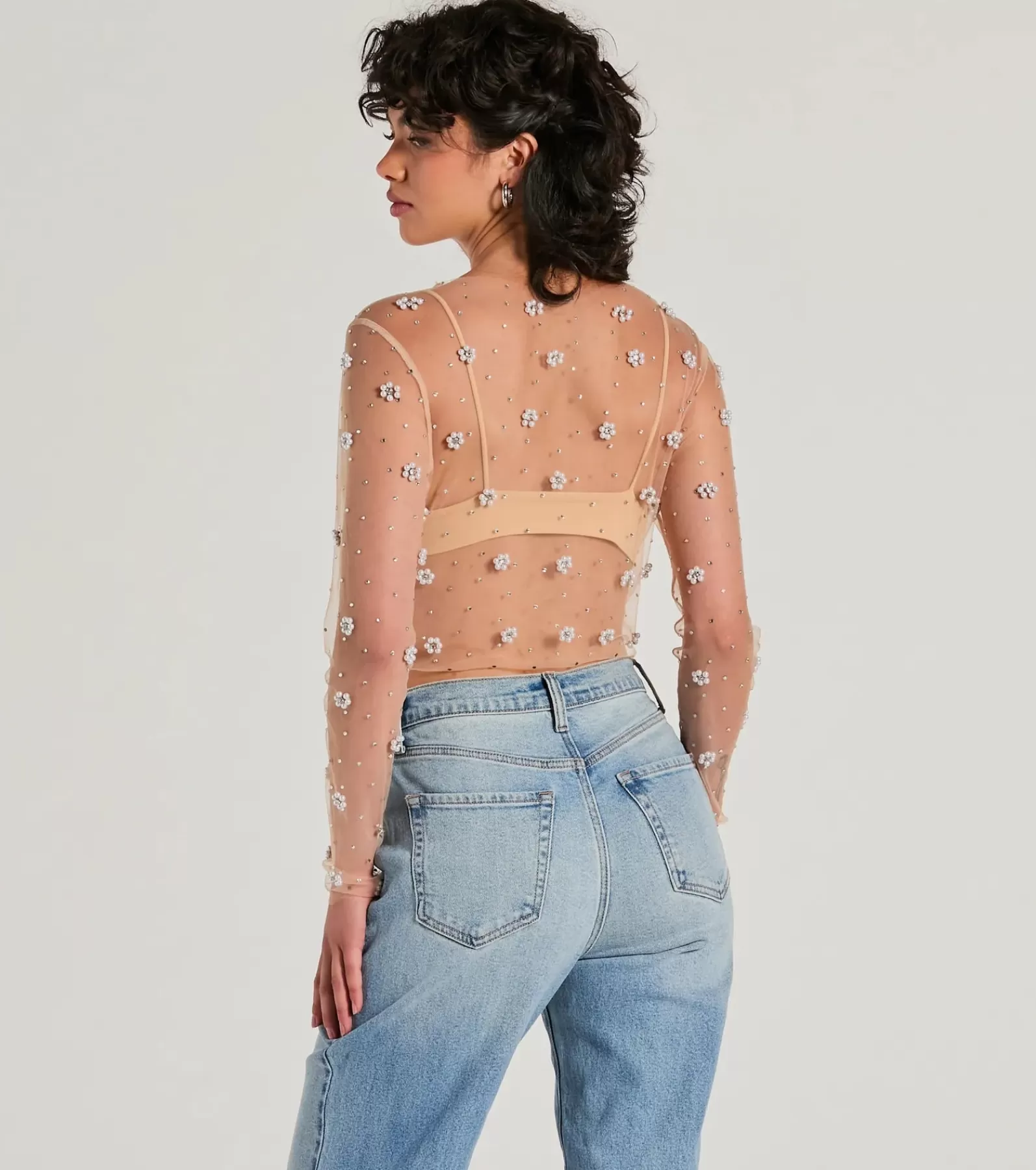 Windsor Going-Out Tops | Long Sleeve Tops*Flirty Floral Rhinestone Pearl Sheer Mesh Crop Top