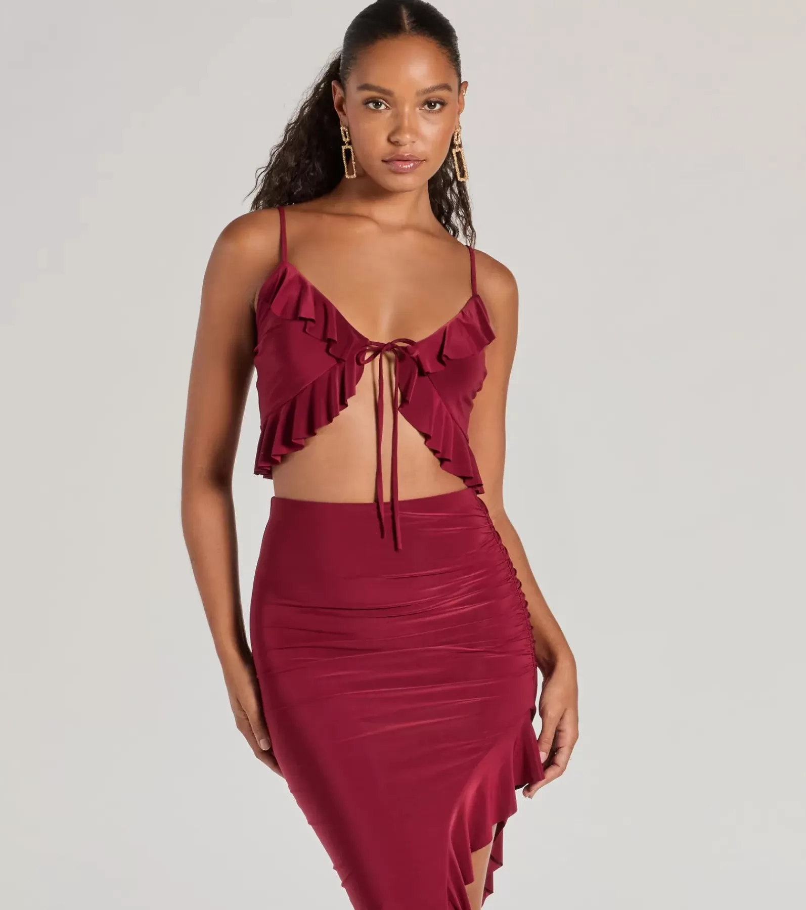 Windsor All Matching Sets | Tie Front Tops*Flirty Moves Ruffled Tie-Front Knit Crop Top