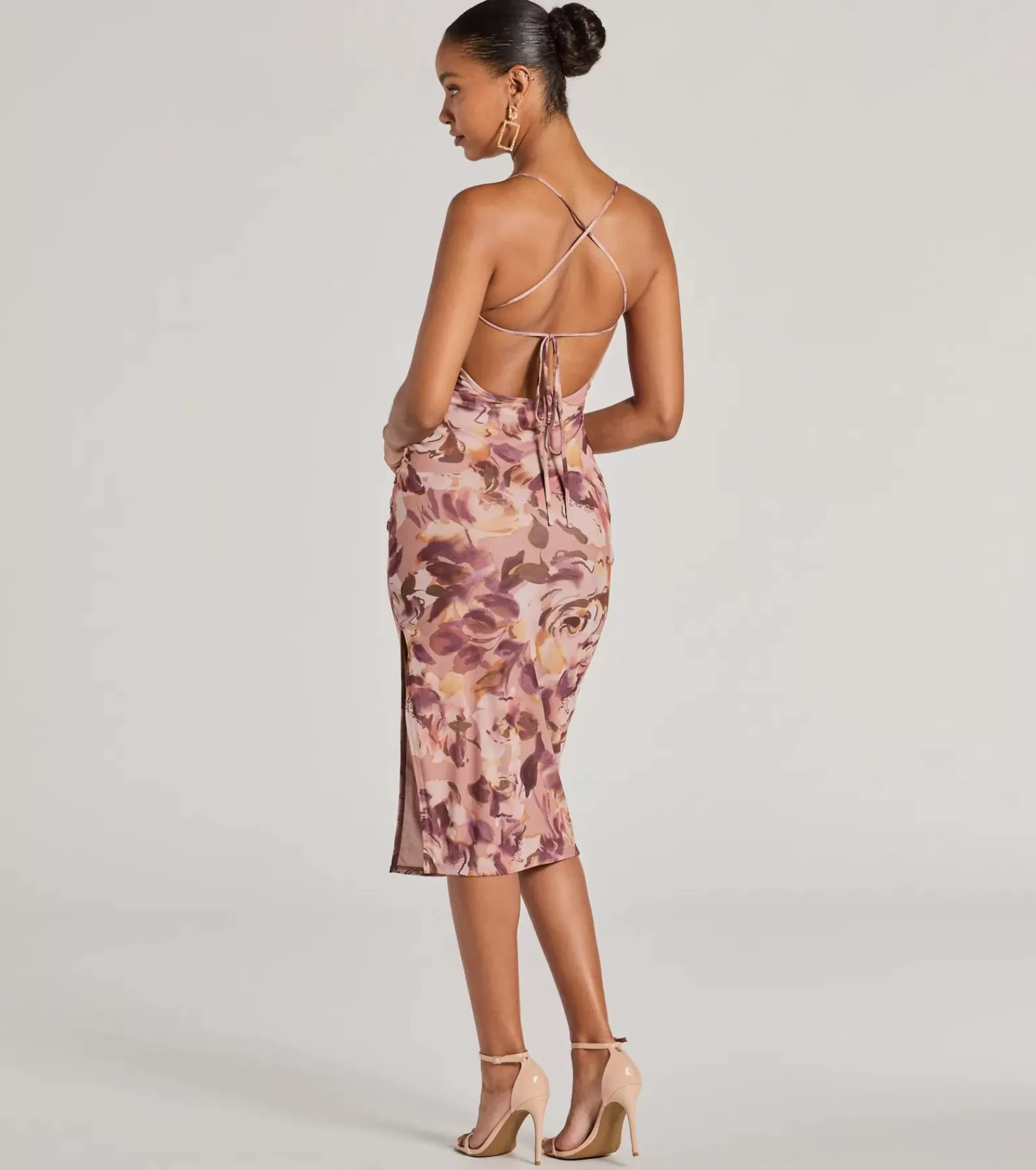 Windsor Rehearsal | Bridal Shower*Floral Energy Lace-Up Bodycon Slit Midi Dress
