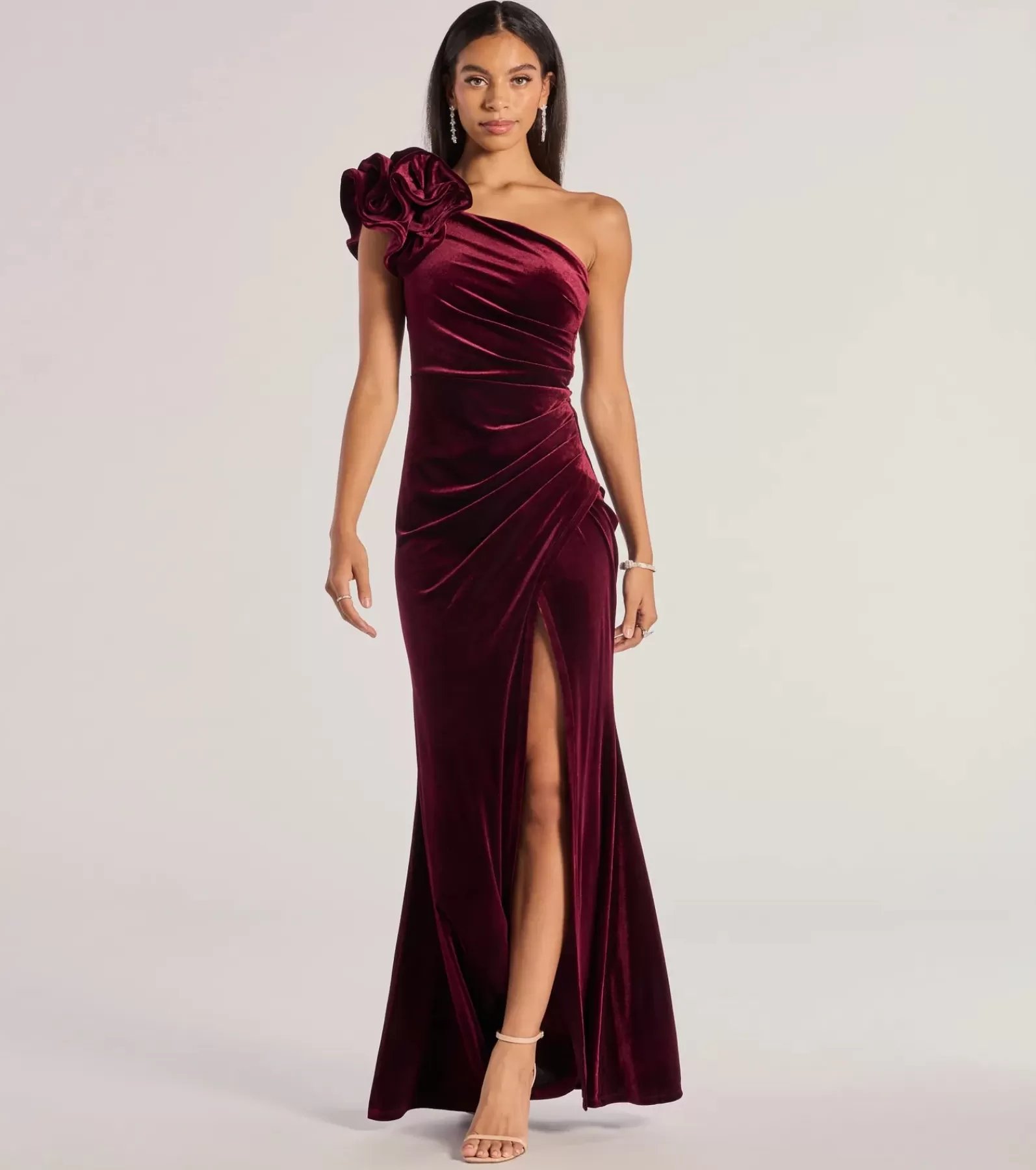 Windsor Wedding Outfits | Black Tie Wedding Guest Dresses*Freida Velvet Ruffled One-Shoulder Mermaid Dress