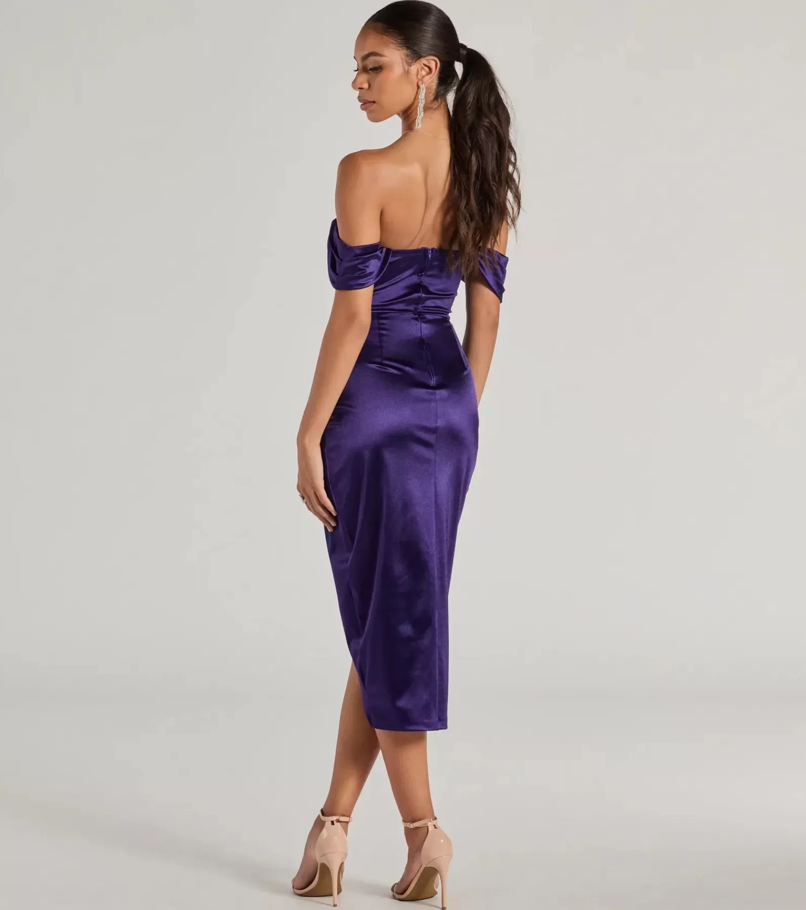 Windsor Wedding Outfits | Holiday Party Outfits*Gaia Satin Off The Shoulder Wrap Midi Dress