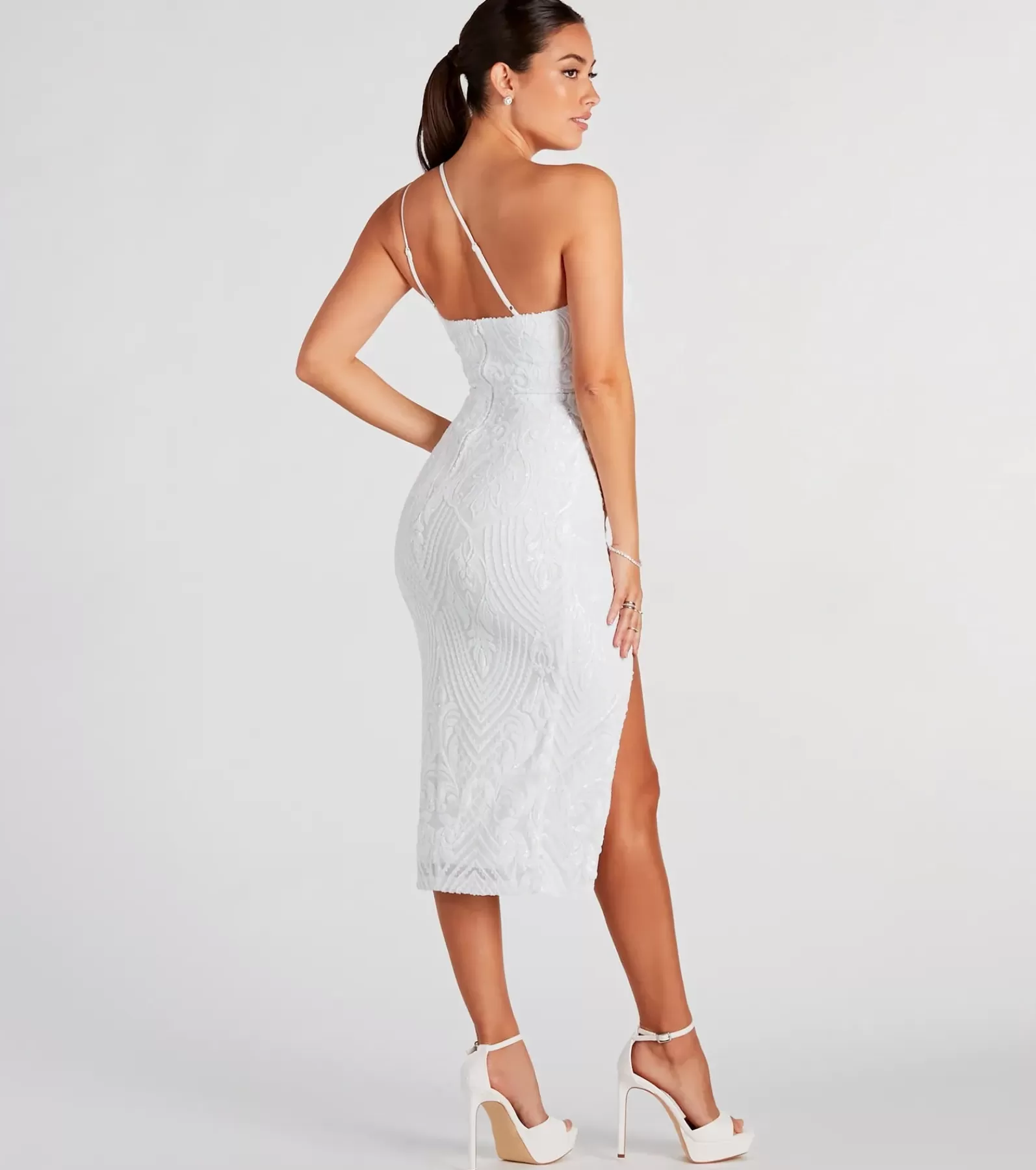 Windsor Bridal Reception Dresses | Rehearsal*Gigi Formal Sequin One-Shoulder Midi Dress