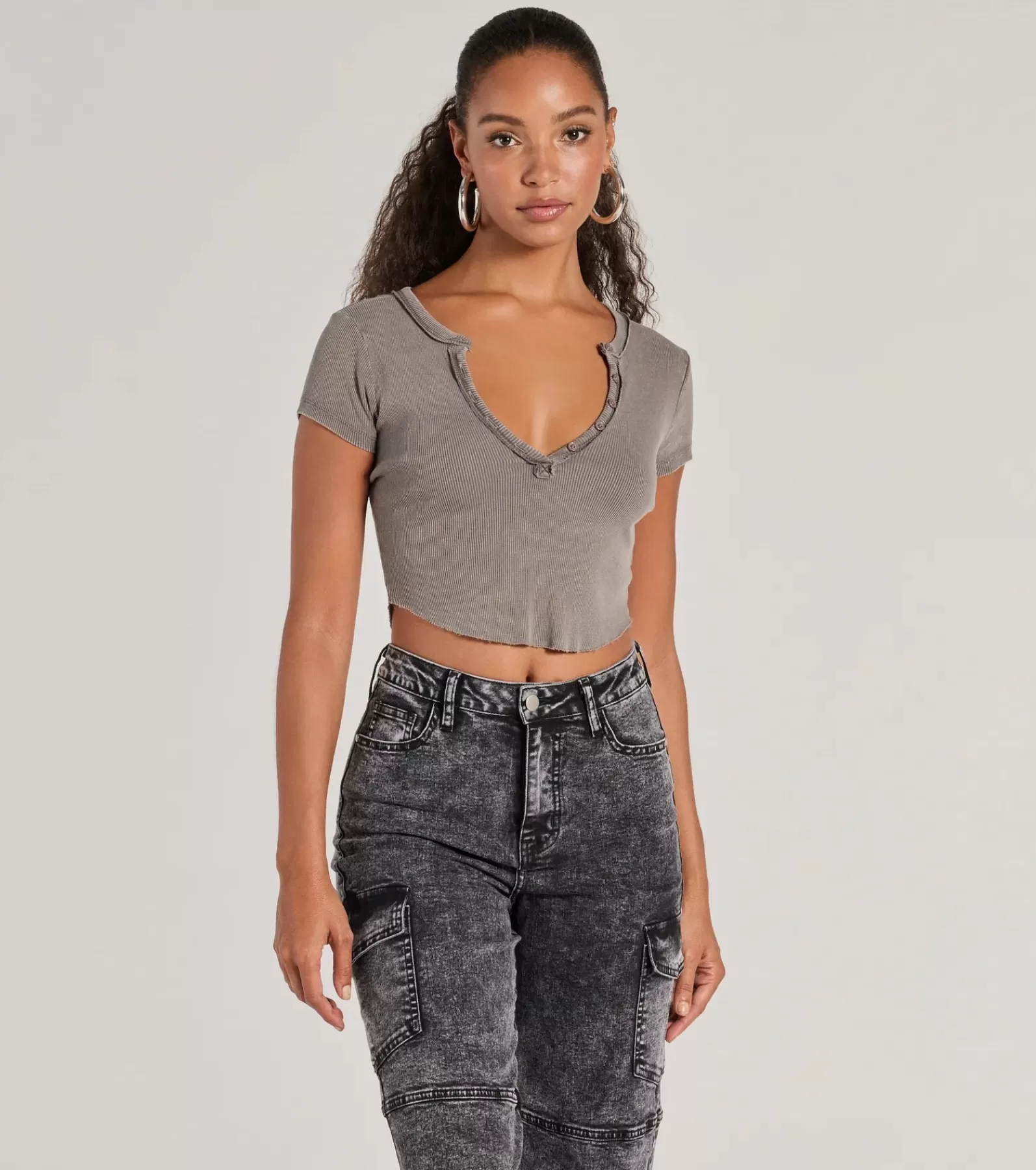 Windsor Basic Tops | Short Sleeve Tops*Girl Next Door Ribbed Knit Henley Crop Top