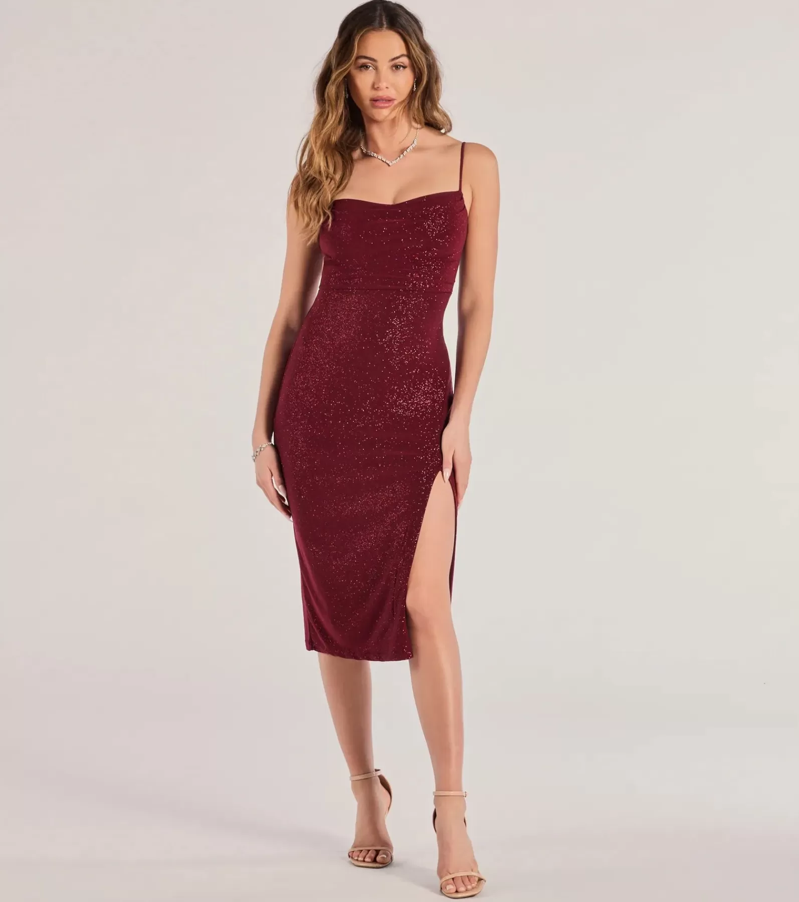 Windsor Glitter Nye Dresses | Wedding Outfits*Glam Radiance High-Slit Glitter Midi Dress