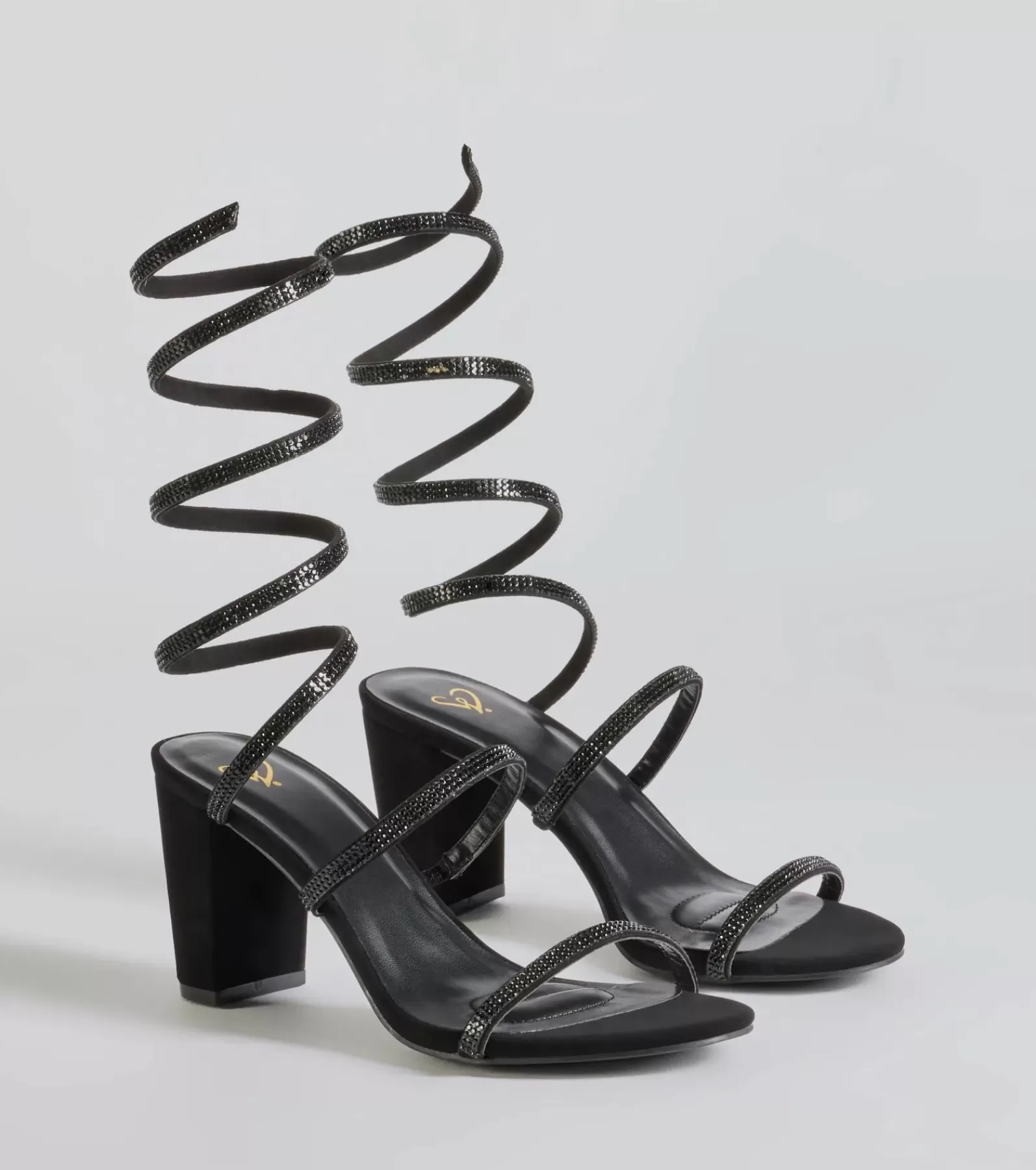 Windsor High Heels | Sandals*Gorgeous Girl Rhinestone Spiral Nubuck Block Heels
