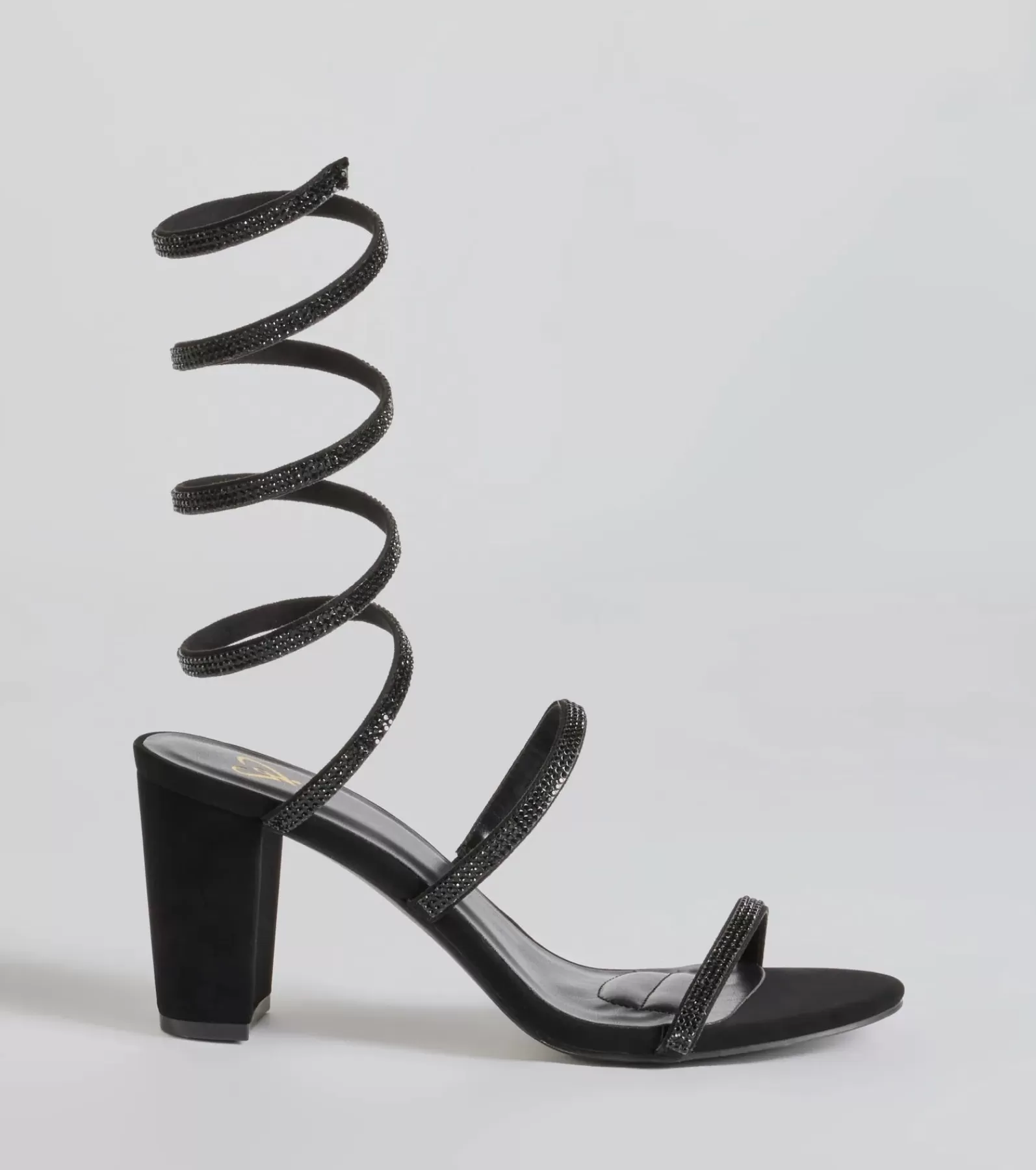 Windsor High Heels | Sandals*Gorgeous Girl Rhinestone Spiral Nubuck Block Heels