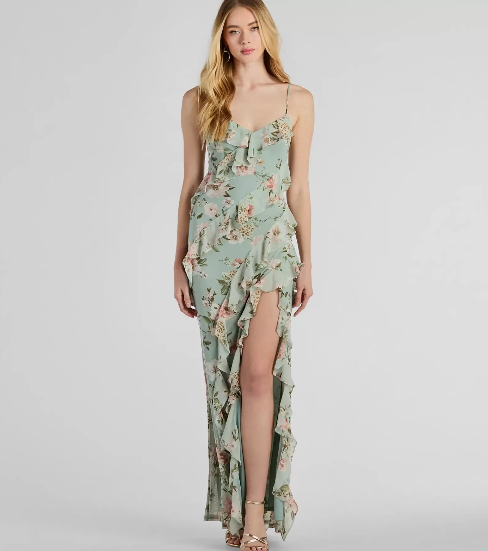 Windsor Bridal Reception Dresses | Country Wedding Guest Dresses*Helga V-Neck Ruffled Mermaid Floral Formal Dress